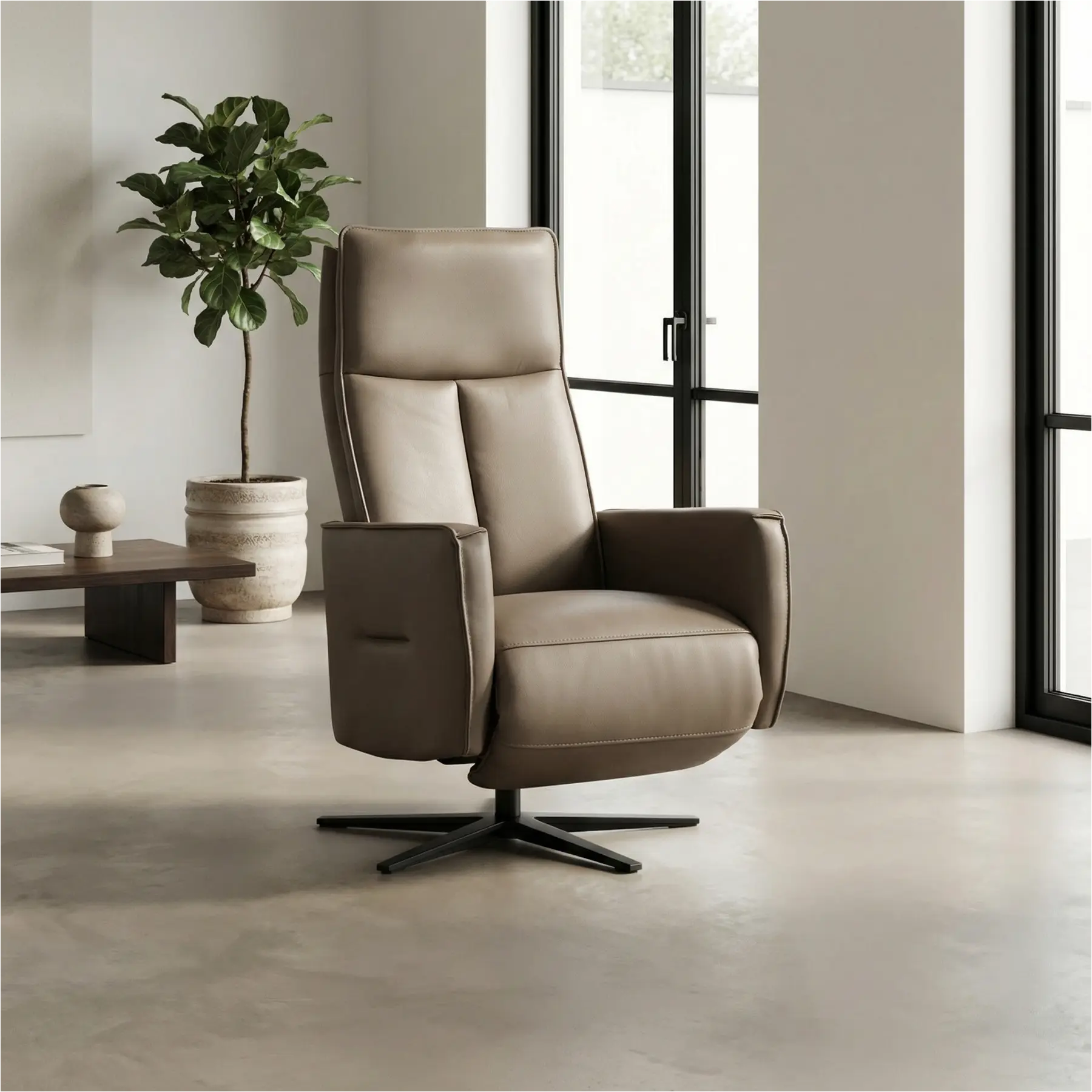 afbeelding van Leren handmatige relaxfauteuil Honor - Massif Rock (grijs/bruin) - Medium - Schotelvoet zwart