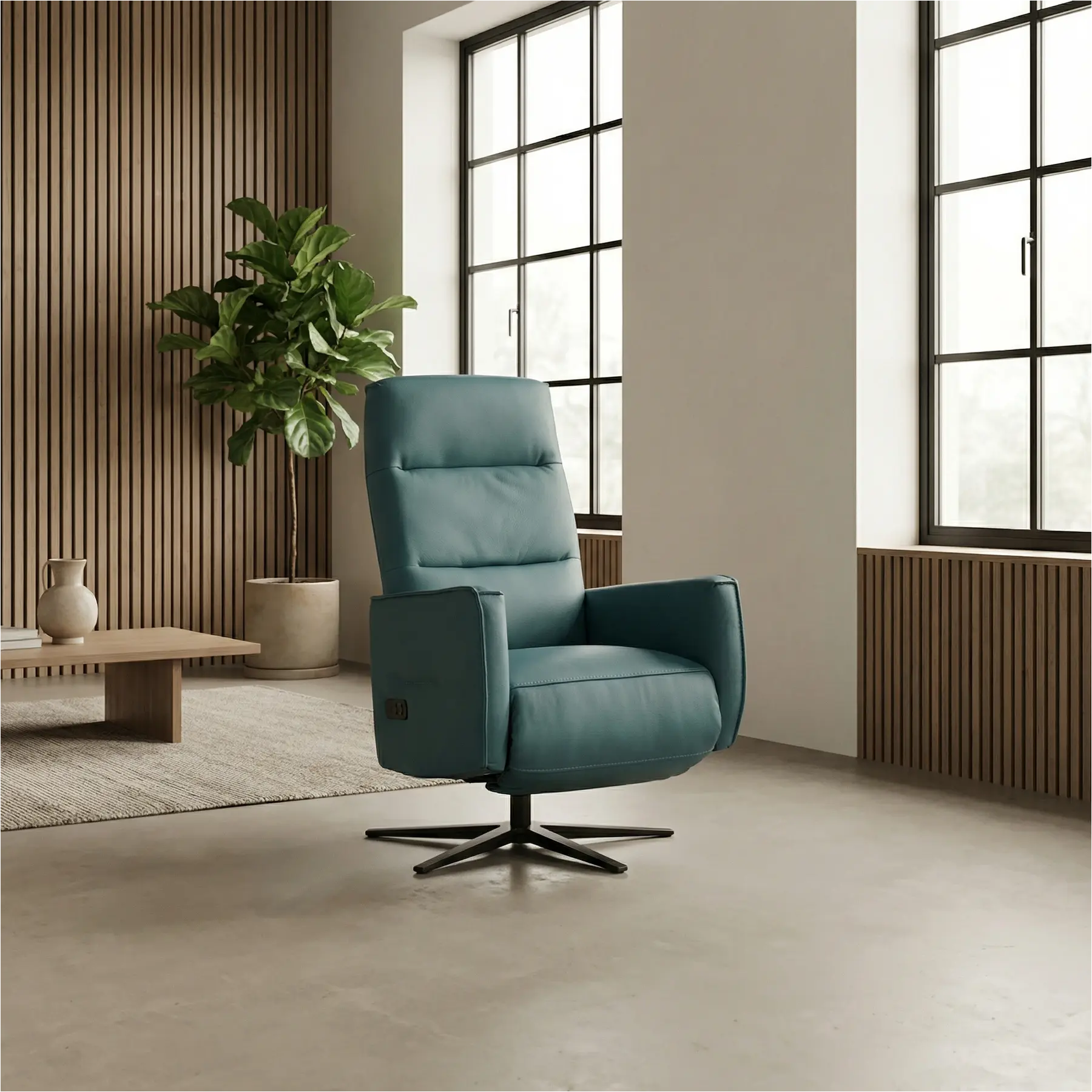 afbeelding van Leren handmatige relaxfauteuil Pride - Toledo Turquoise (blauw) - Medium - Stervoet zwart