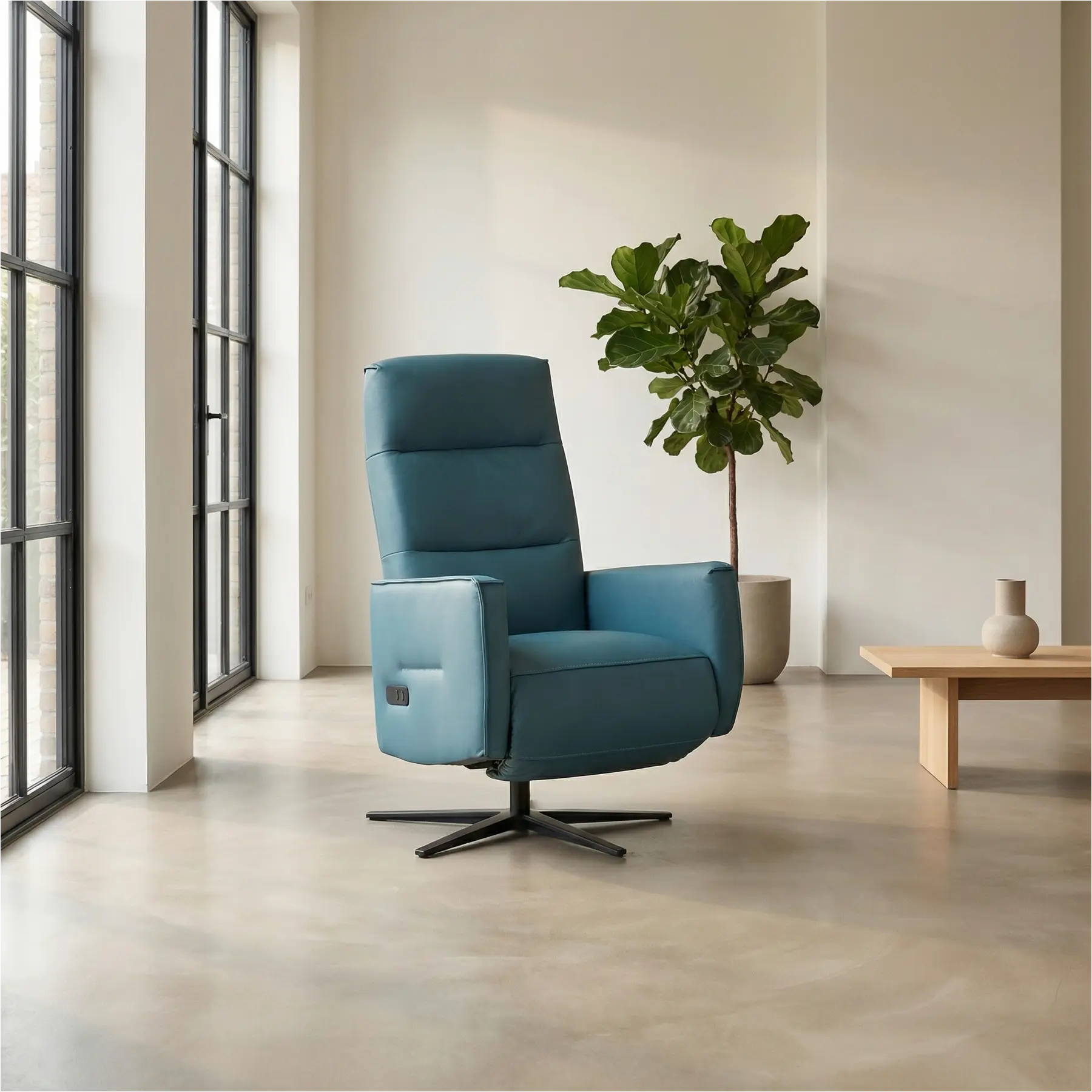 afbeelding van Leren handmatige relaxfauteuil Pride - Toledo Turquoise (blauw) - Small - Schotelvoet zwart