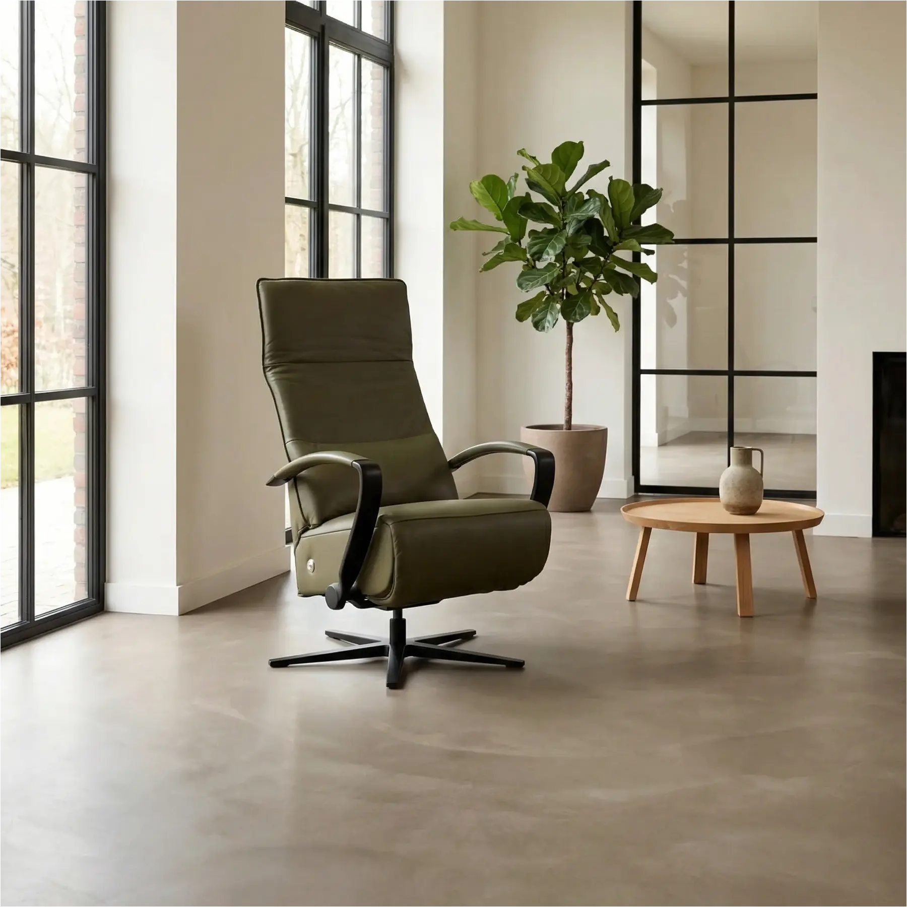 afbeelding van Leren relaxfauteuil Matrix - Massif Olive (olijf/groen) - Medium (zithoogte 46cm) - Stervoet zwart