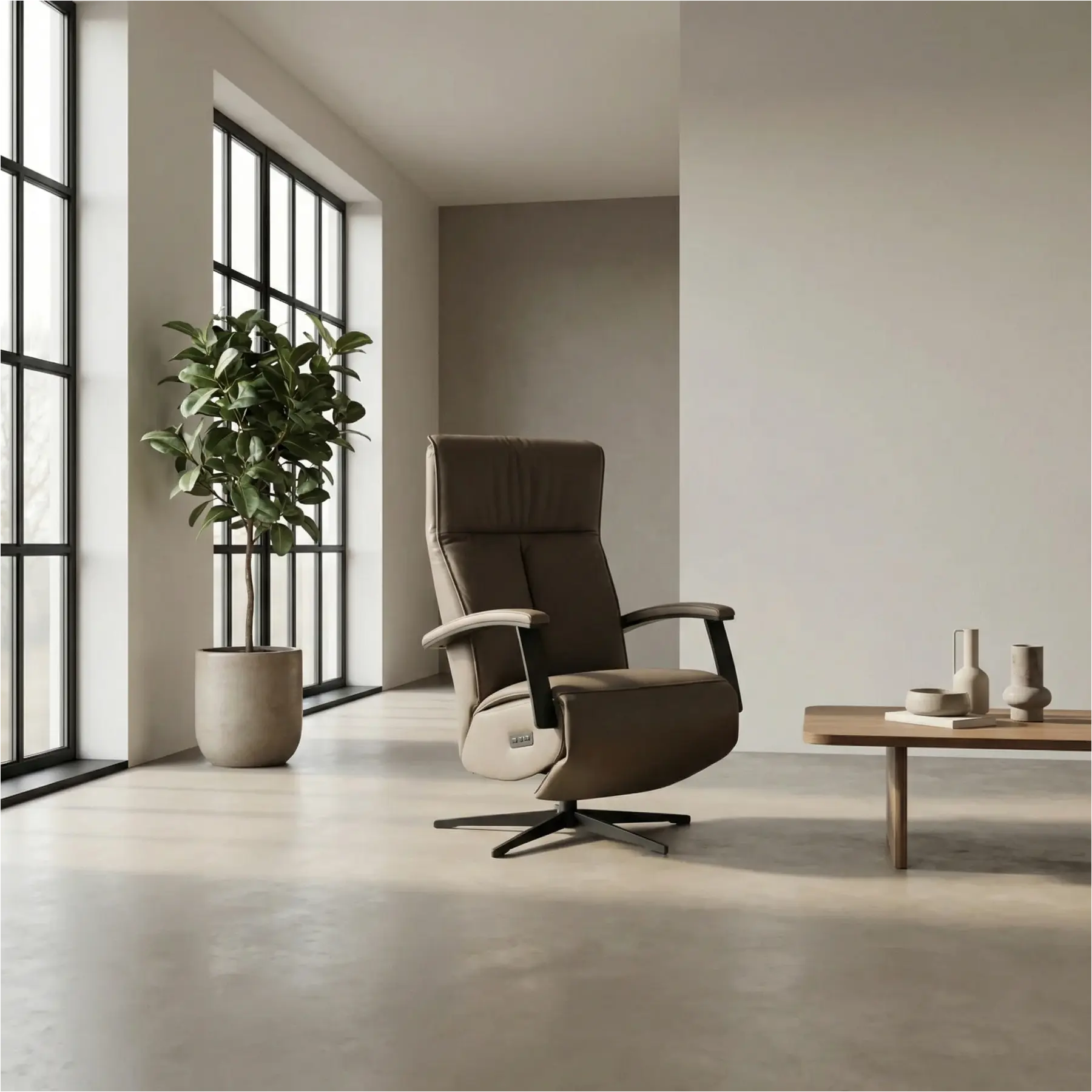 afbeelding van Leren relaxfauteuil met hartbalans Pure - Toledo Moss (bruin/groen) - large - stervoet zwart (slank)