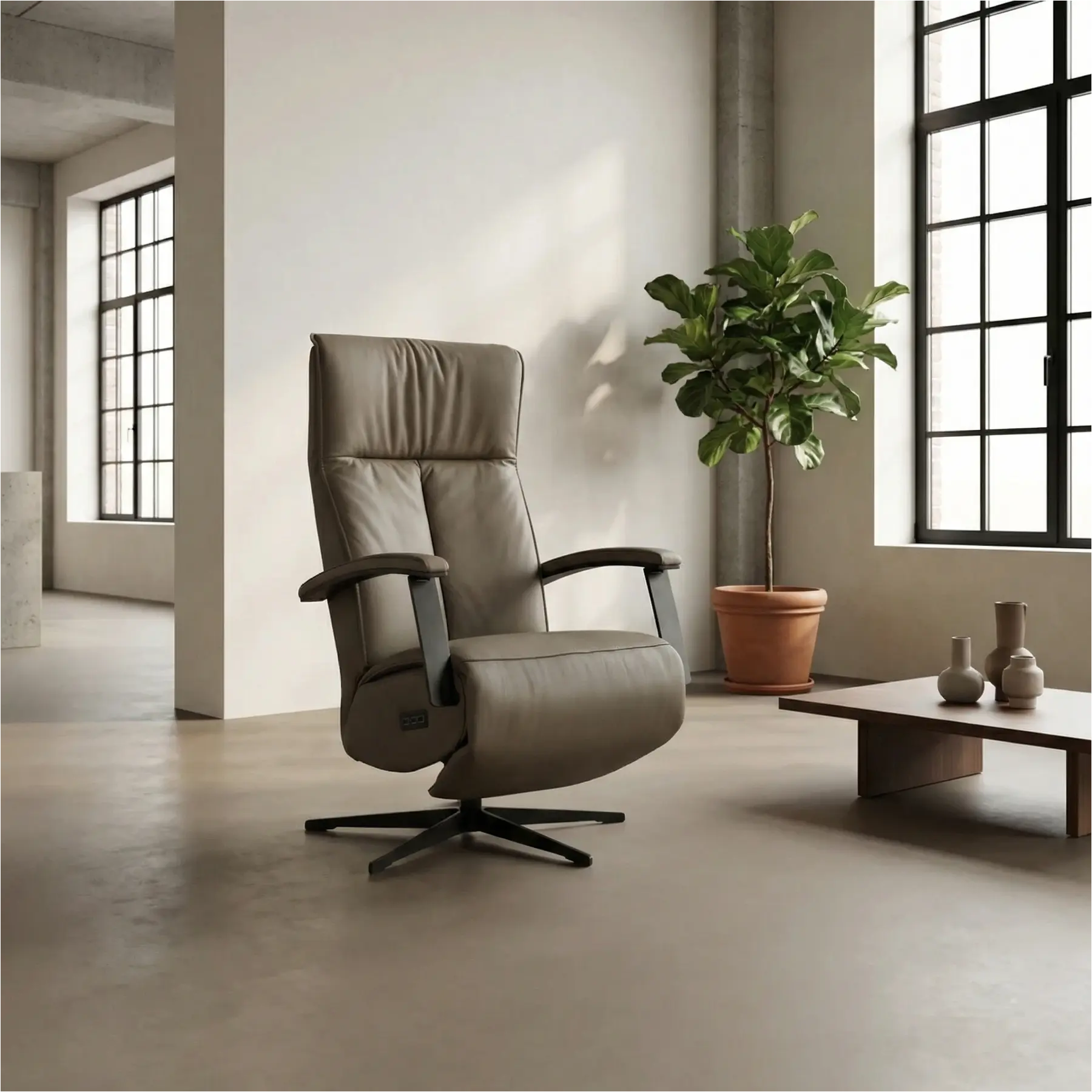 afbeelding van Leren relaxfauteuil met hartbalans Pure - Toledo Moss (bruin/groen) - medium - stervoet zwart (slank)