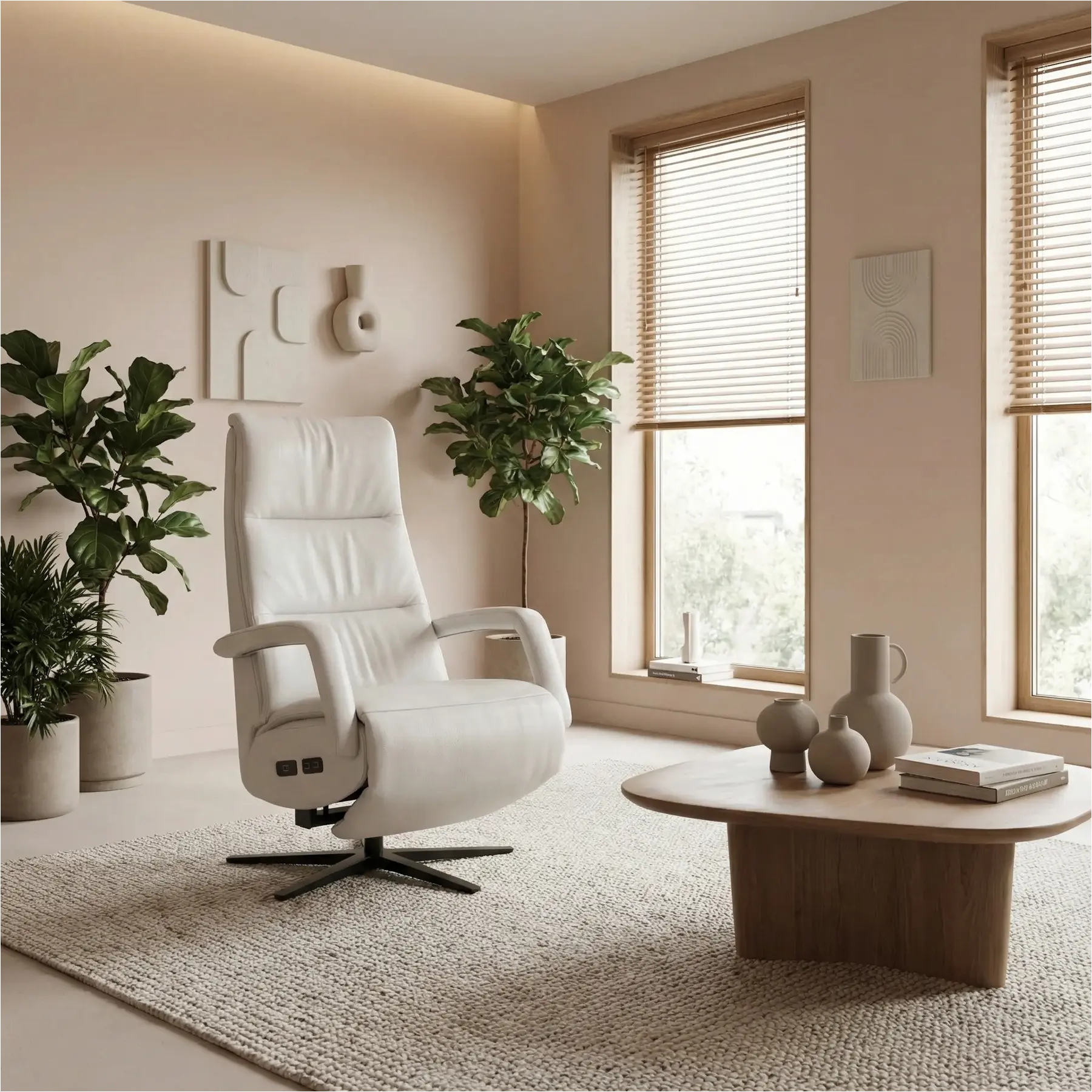 afbeelding van Leren elektrisch relaxfauteuil Calm - Toledo Purewhite (wit) - medium - stervoet zwart (breed)