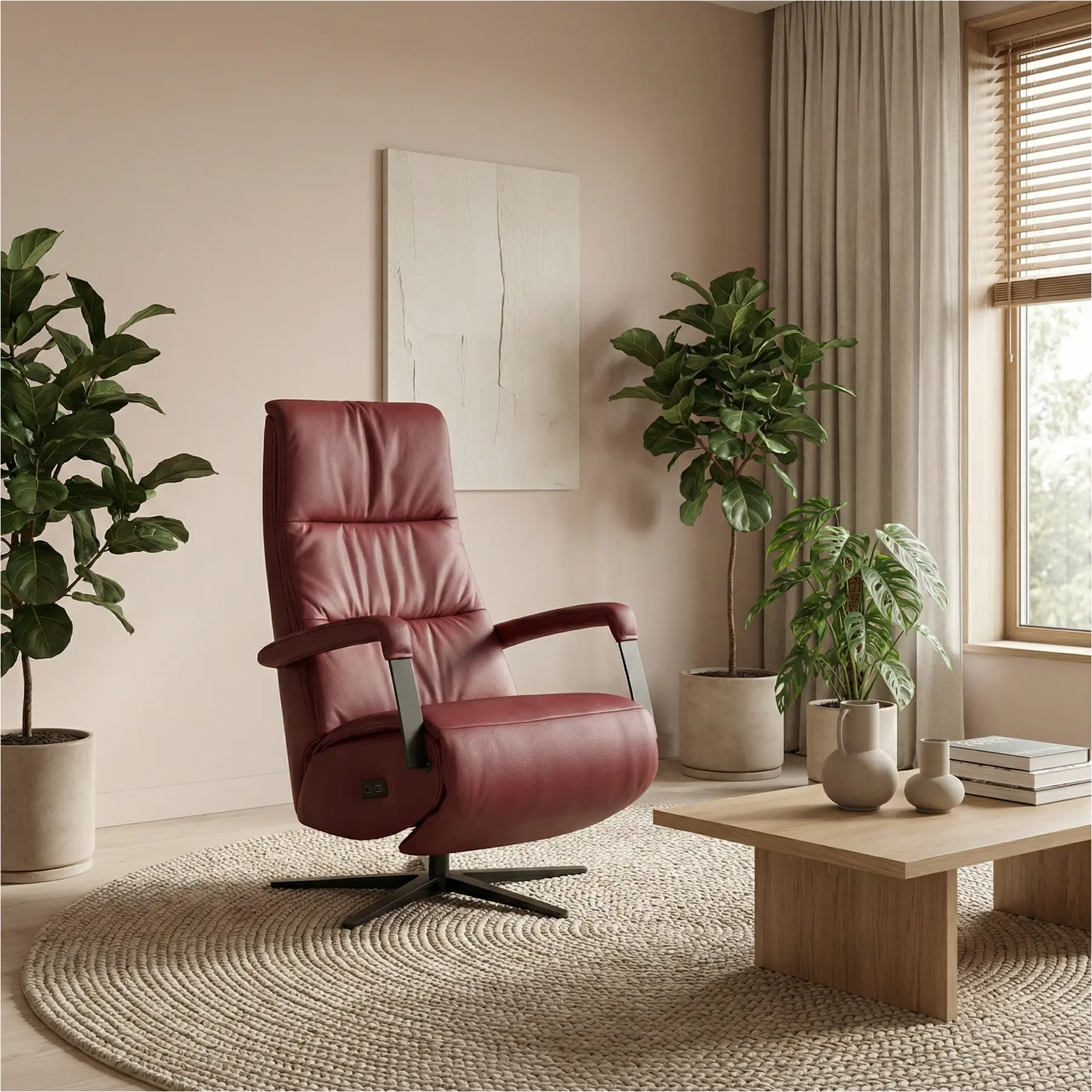 afbeelding van Leren elektrisch relaxfauteuil Core - Massif Rubino (donkerrood) - large - stervoet zwart (breed)