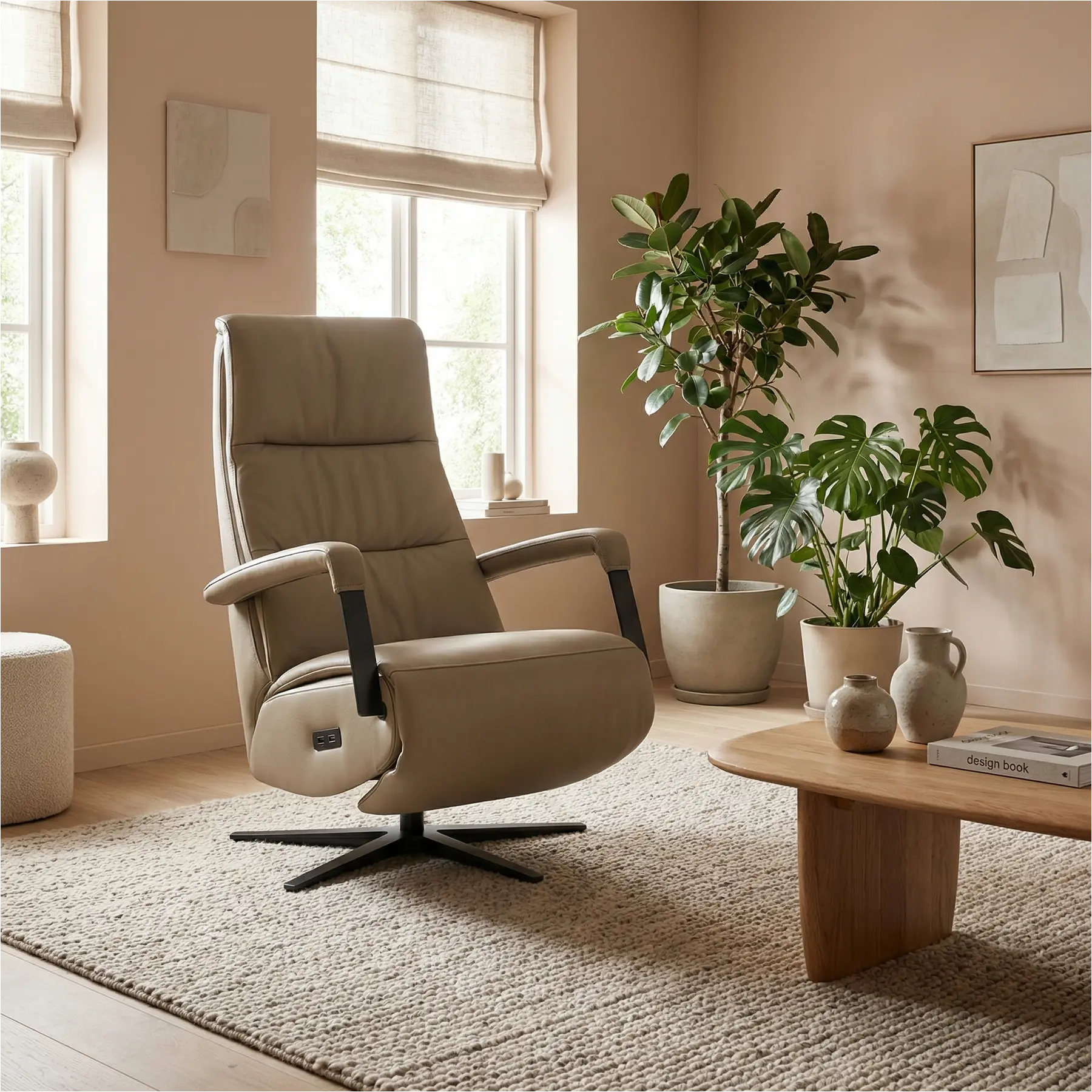 afbeelding van Leren relaxfauteuil met hartbalans Core - Toledo Mocca (taupe/bruin) - medium - stervoet zwart (breed)