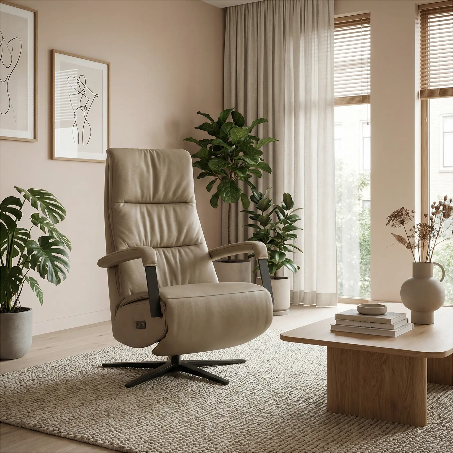 afbeelding van Leren relaxfauteuil met hartbalans Core - Toledo Mocca (taupe/bruin) - small - stervoet zwart (breed)