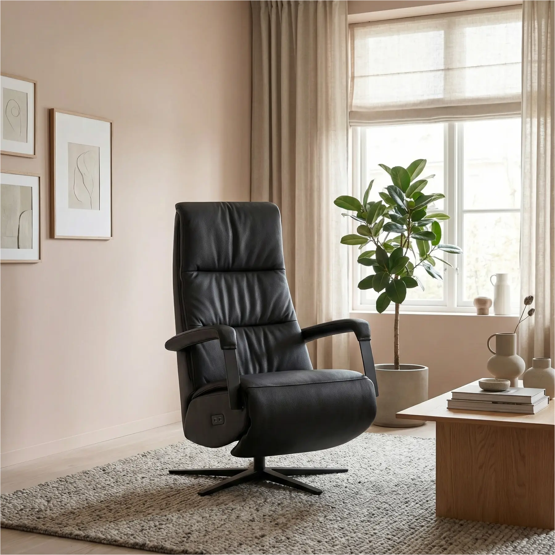 afbeelding van Leren relaxfauteuil met hartbalans Core - Toledo Nero (zwart) - medium - stervoet zwart (breed)