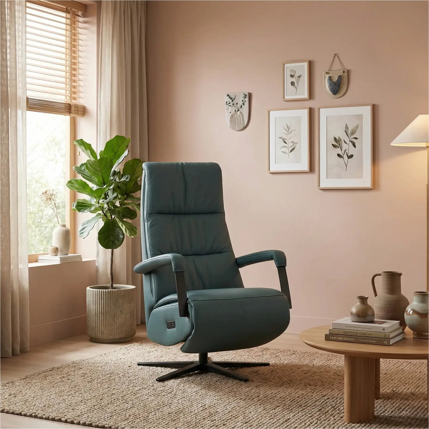 afbeelding van Leren elektrisch relaxfauteuil Core - Toledo Whale (blauw/grijs) - medium - stervoet zwart (breed)