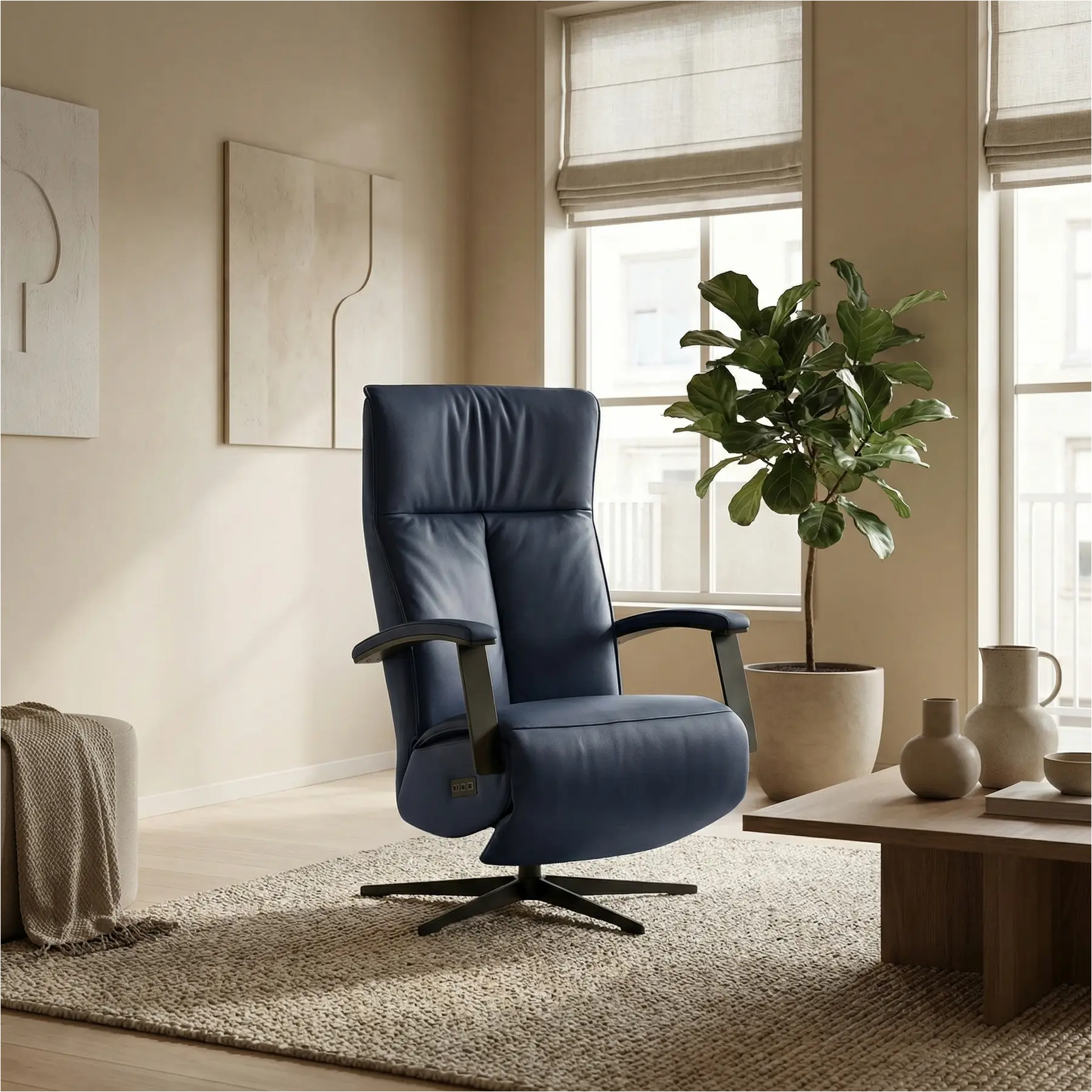 afbeelding van Leren elektrisch relaxfauteuil Pure - Toledo Kobalt (blauw) - extra large - stervoet zwart (slank)