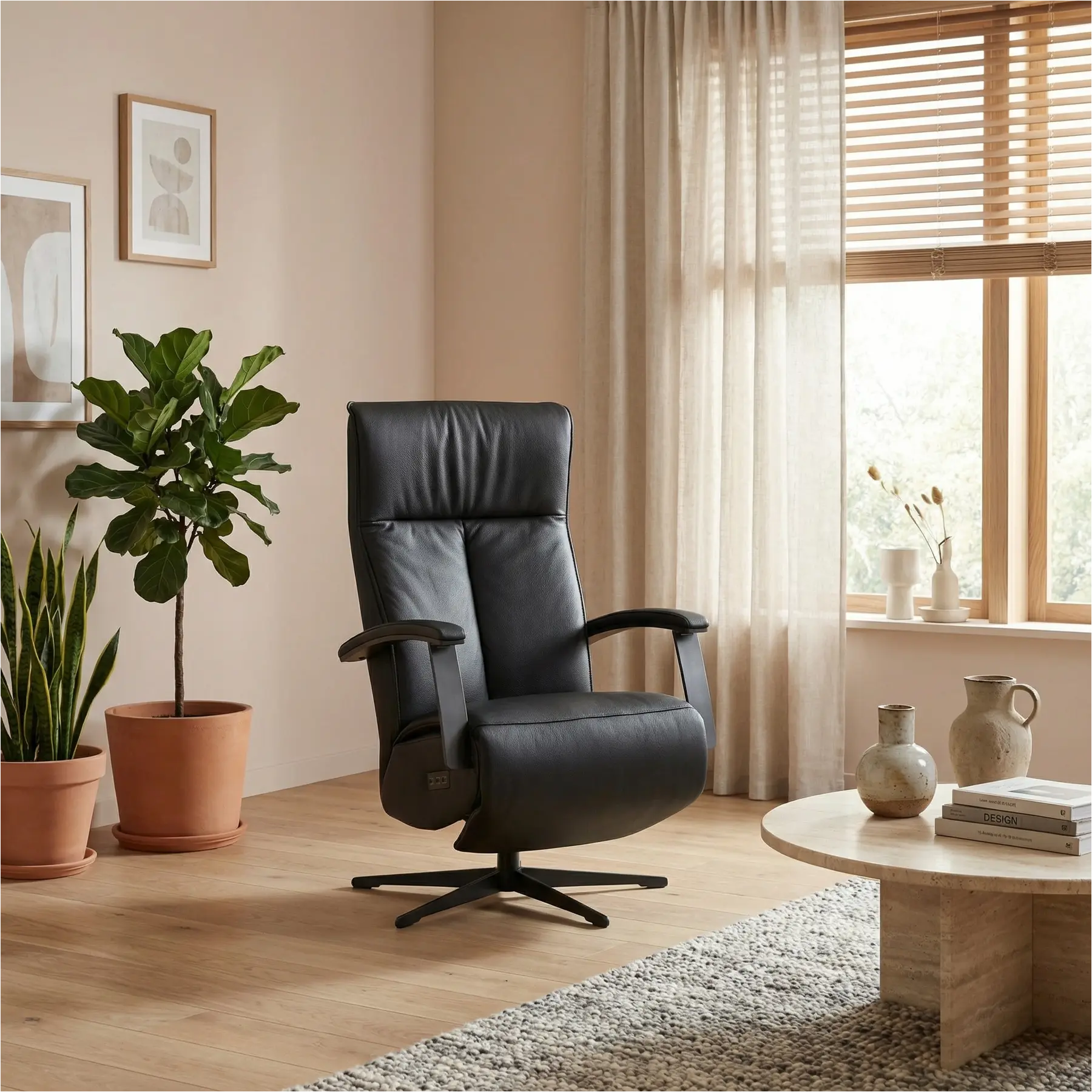 afbeelding van Leren relaxfauteuil met hartbalans Pure - Toledo Nero (zwart) - medium - stervoet zwart (slank)