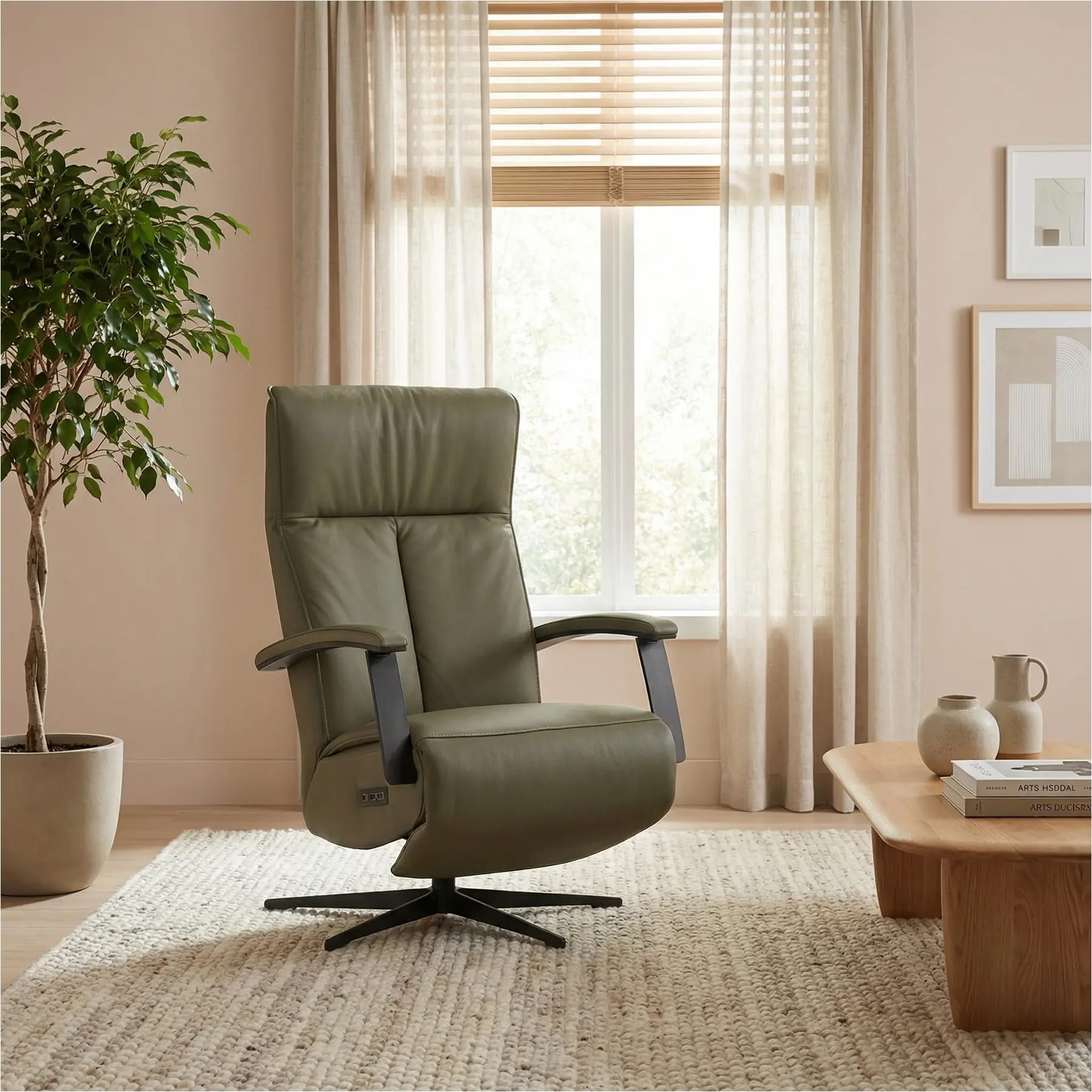 afbeelding van Leren relaxfauteuil met hartbalans Pure - Toledo Olive (olijf/groen) - medium - stervoet zwart (slank)