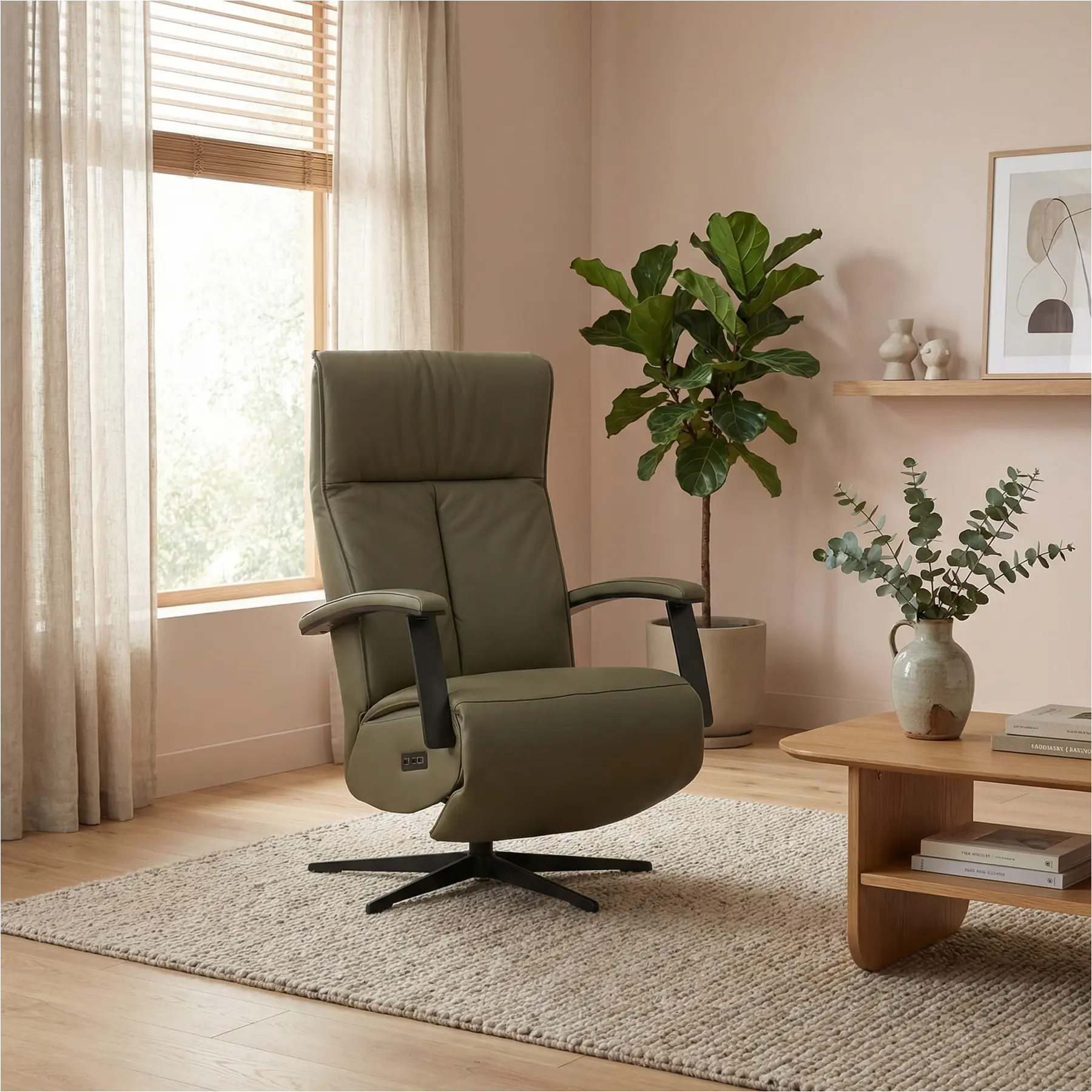 afbeelding van Leren elektrisch relaxfauteuil Pure - Toledo Olive (olijf/groen) - small - stervoet zwart (slank)