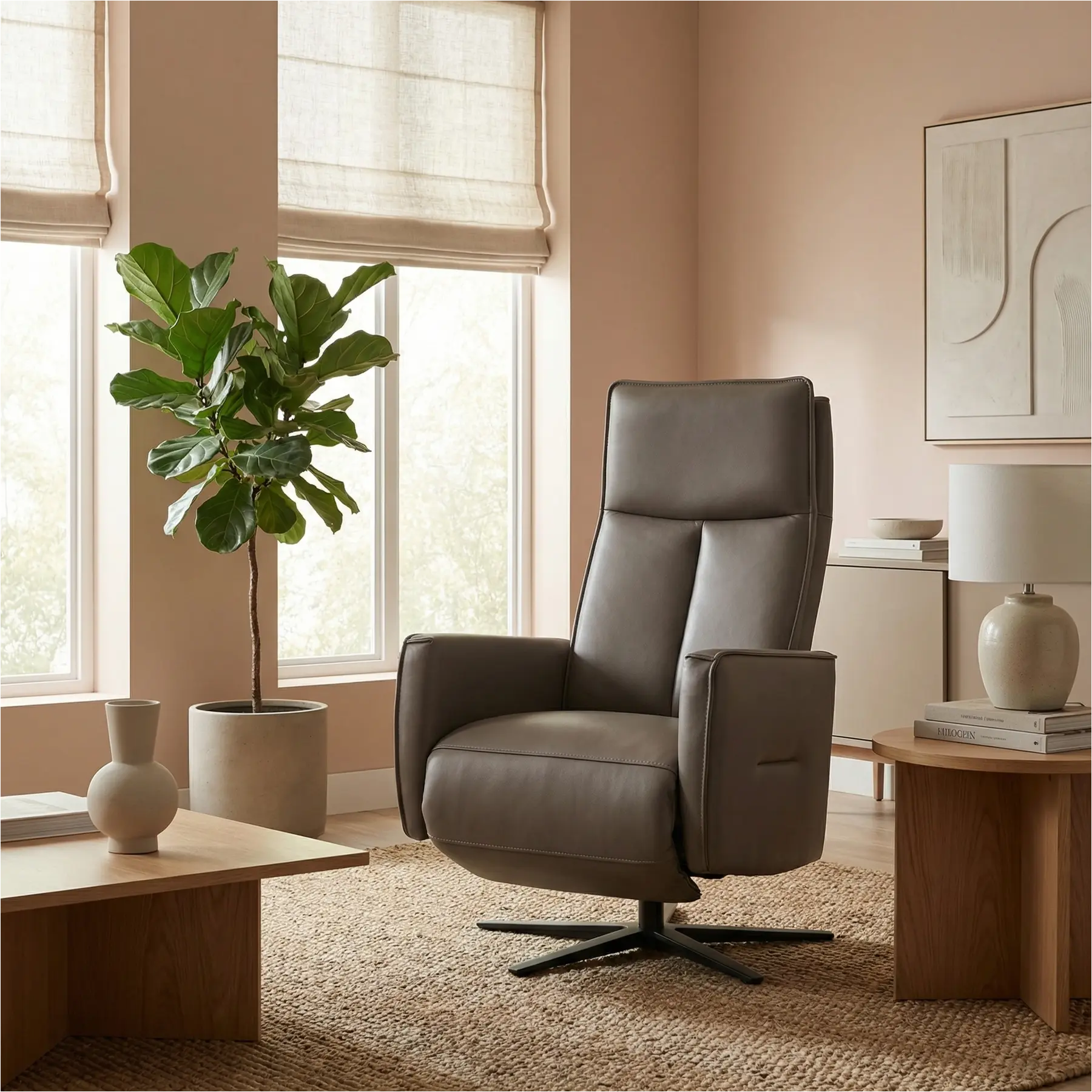 afbeelding van Leren handmatige relaxfauteuil Honor - Massif Rock (grijs/bruin) - Large - Schotelvoet zwart