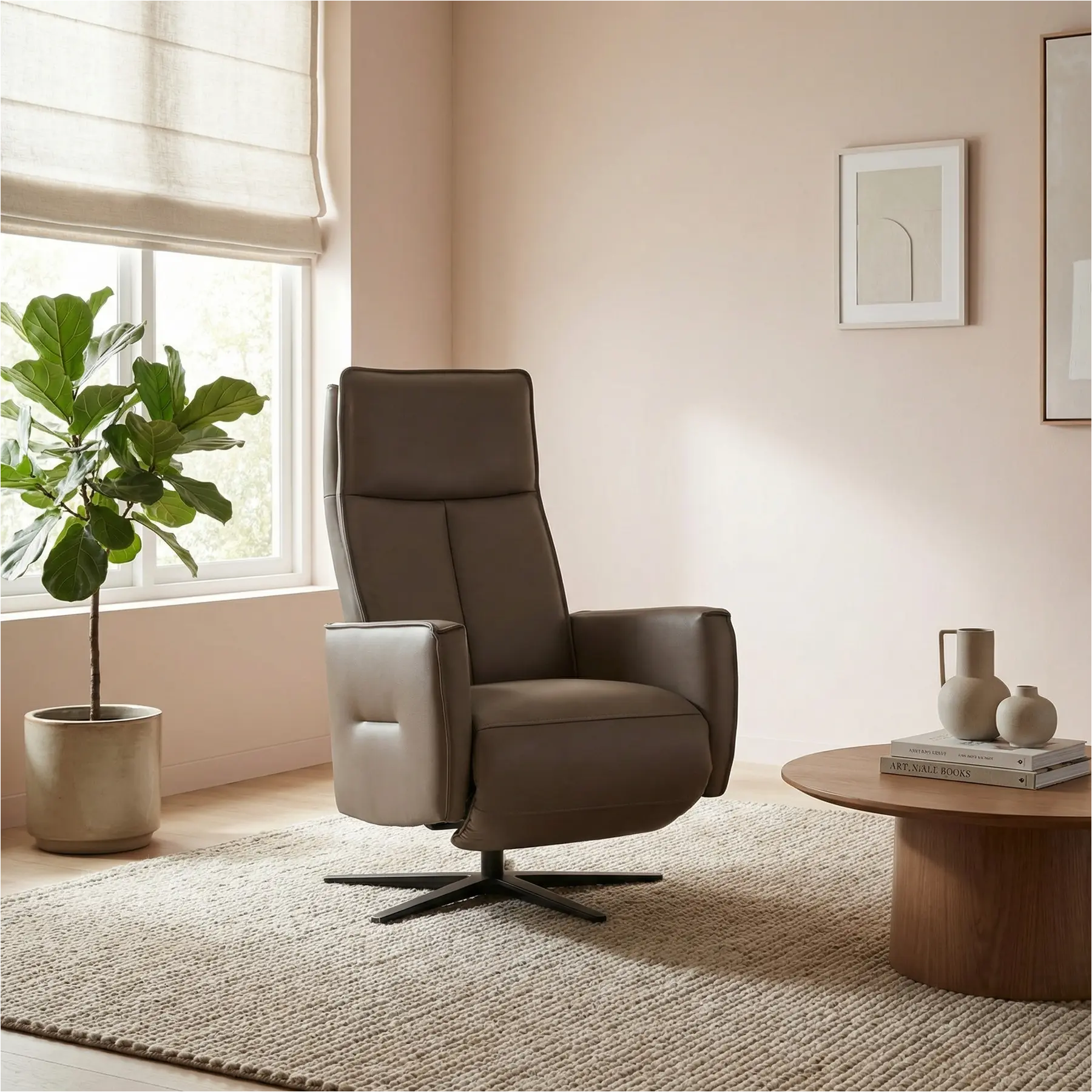 afbeelding van Leren handmatige relaxfauteuil Honor - Massif Rock (grijs/bruin) - Medium - Schotelvoet zwart