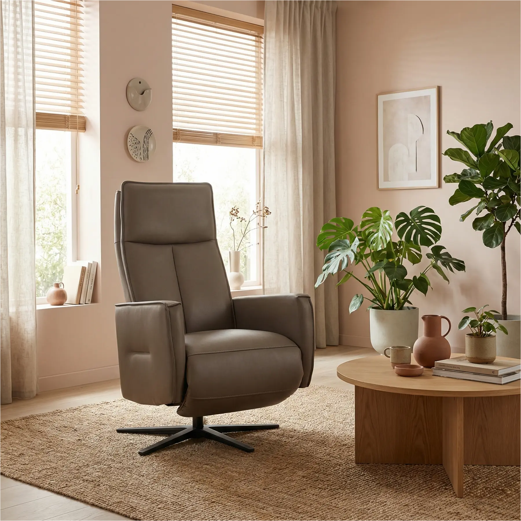 afbeelding van Leren handmatige relaxfauteuil Honor - Massif Rock (grijs/bruin) - Small - Schotelvoet zwart