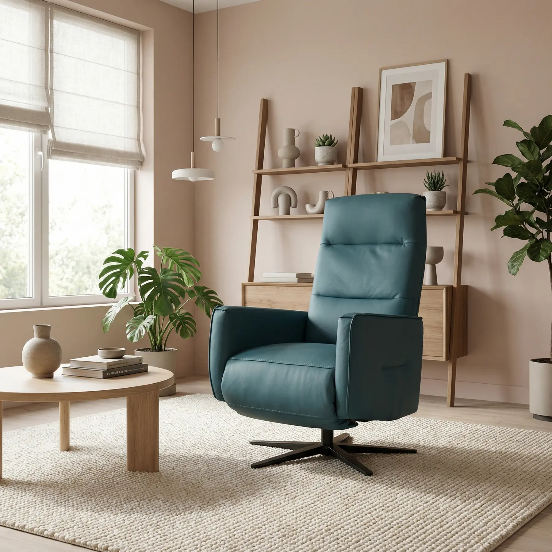 afbeelding van Leren handmatige relaxfauteuil Pride - Toledo Turquoise (blauw) - Large - Schotelvoet zwart