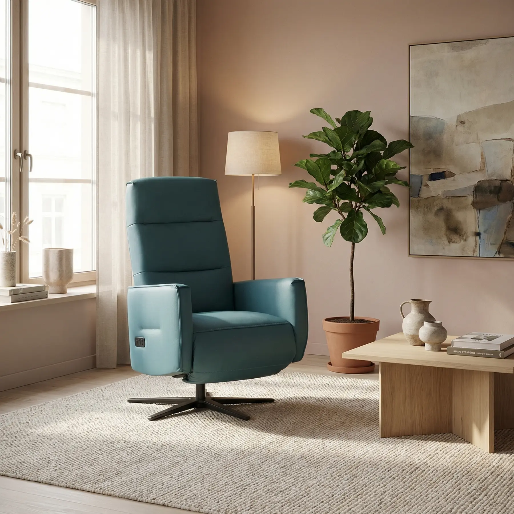 afbeelding van Leren handmatige relaxfauteuil Pride - Toledo Turquoise (blauw) - Small - Schotelvoet zwart