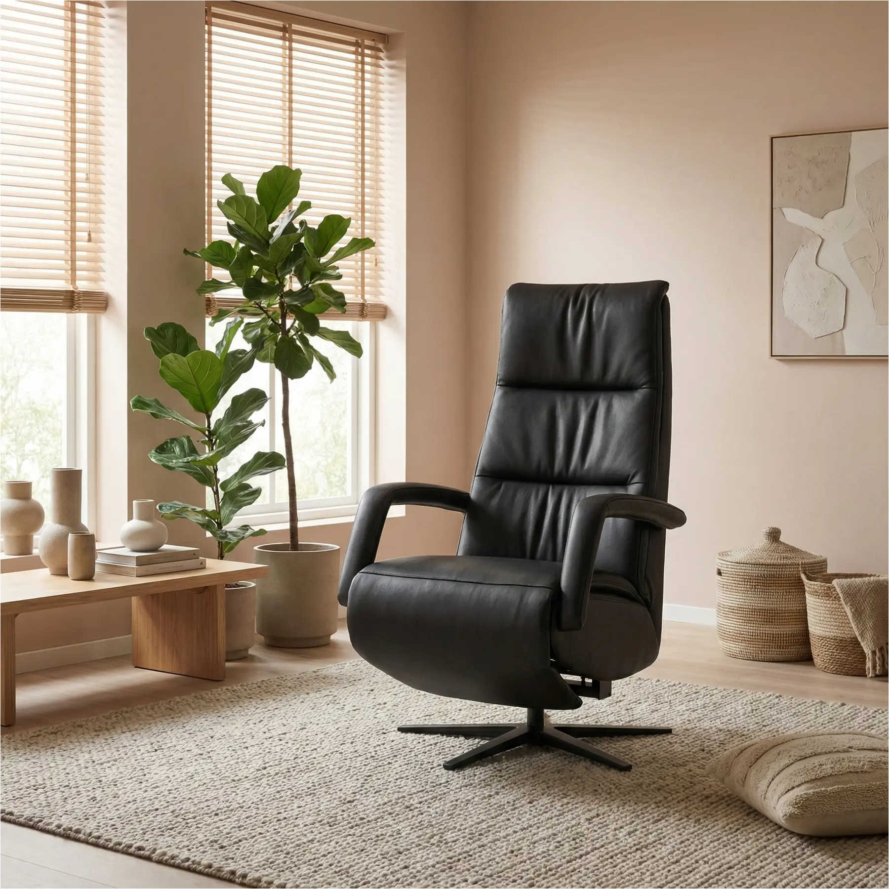 afbeelding van Leren elektrisch relaxfauteuil Calm - Massif Nero (zwart) - extra large - stervoet zwart (breed)