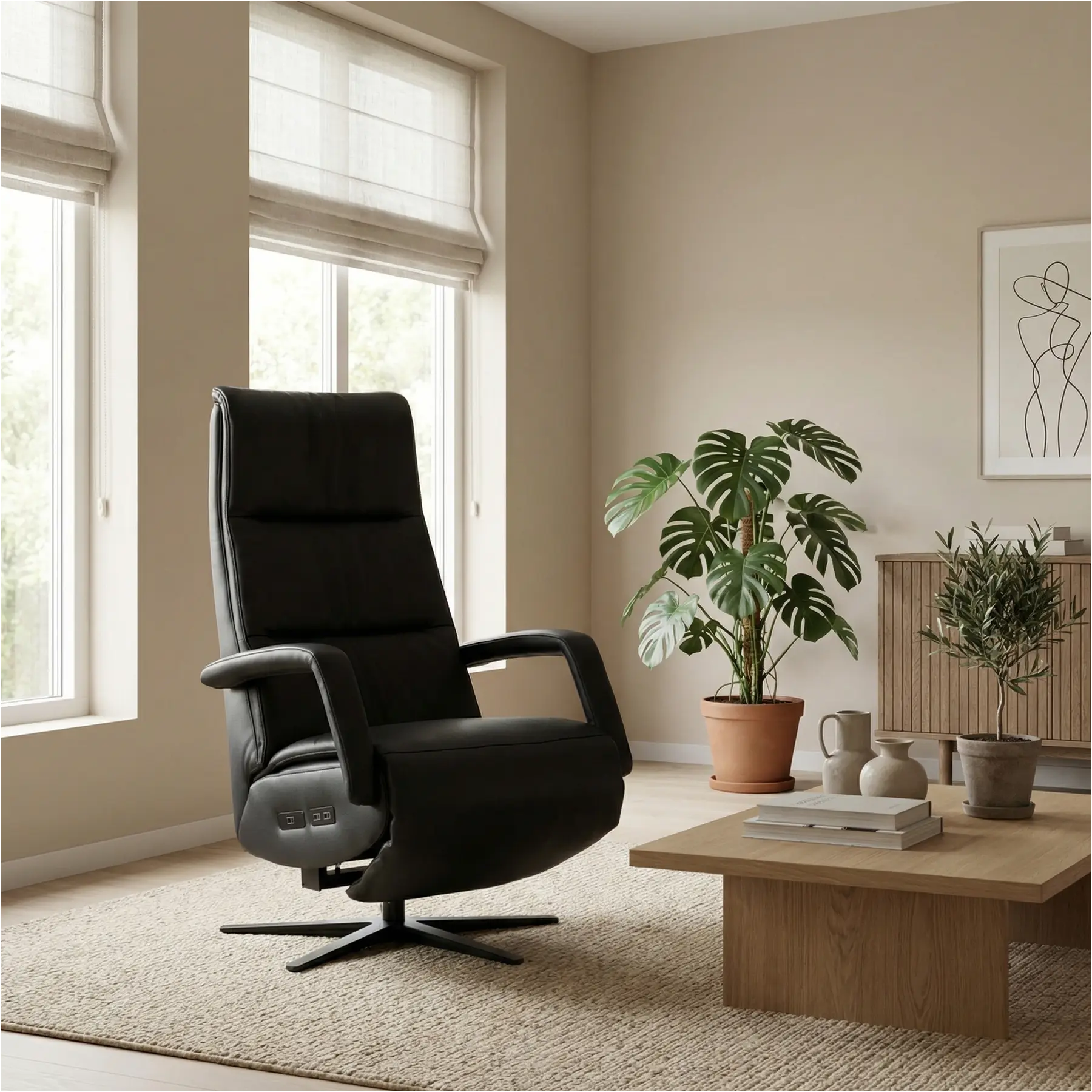 afbeelding van Leren elektrisch relaxfauteuil Calm - Massif Nero (zwart) - large - stervoet zwart (breed)