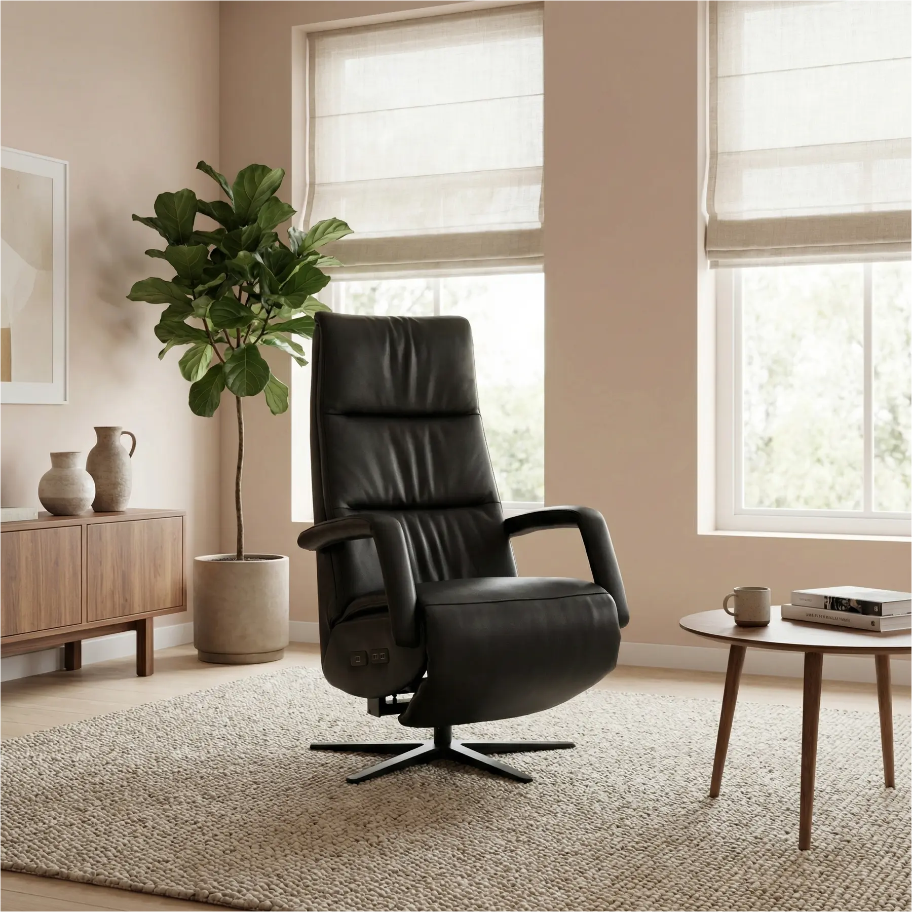 afbeelding van Leren elektrisch relaxfauteuil Calm - Massif Nero (zwart) - medium - stervoet zwart (breed)