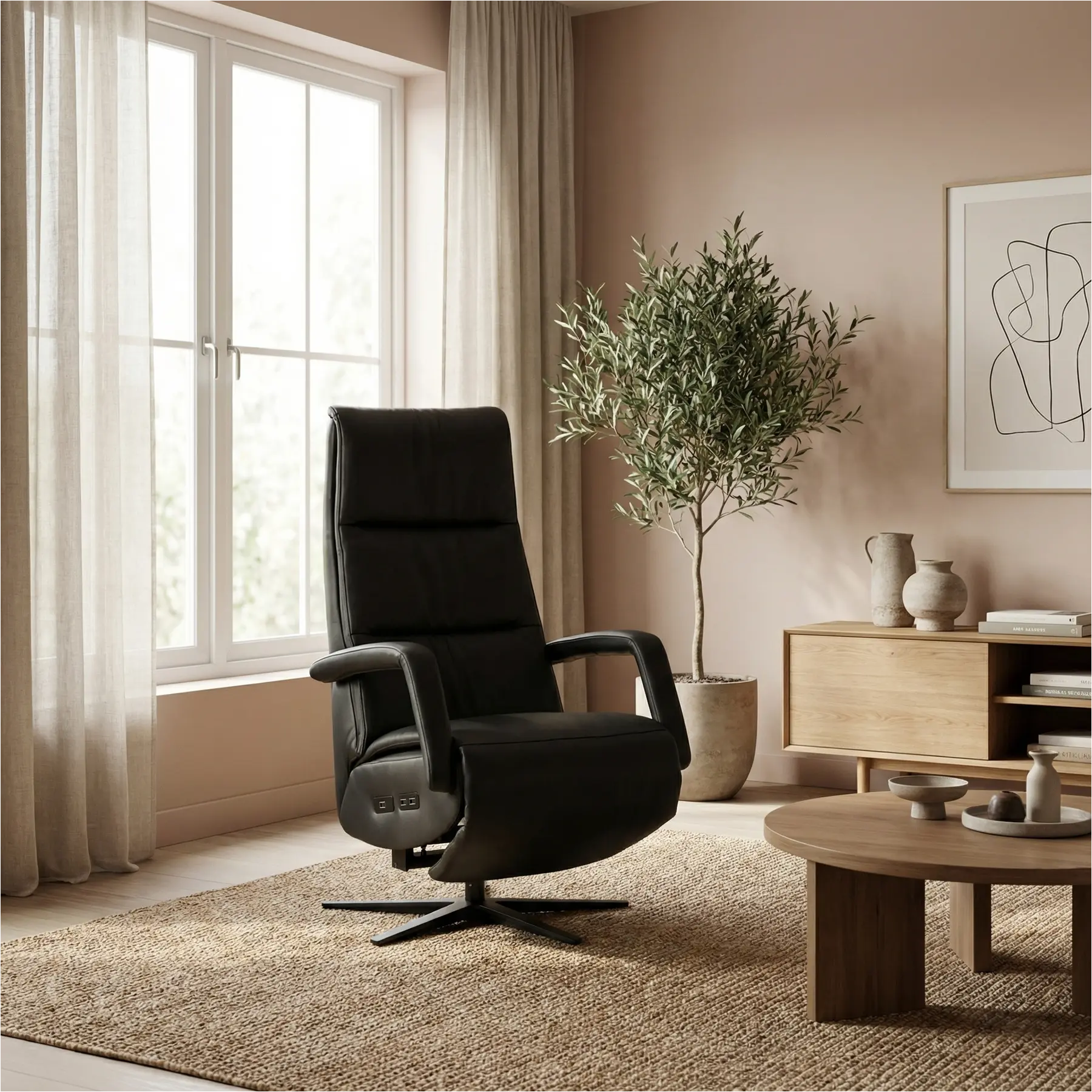 afbeelding van Leren elektrisch relaxfauteuil Calm - Massif Nero (zwart) - small - stervoet zwart (breed)