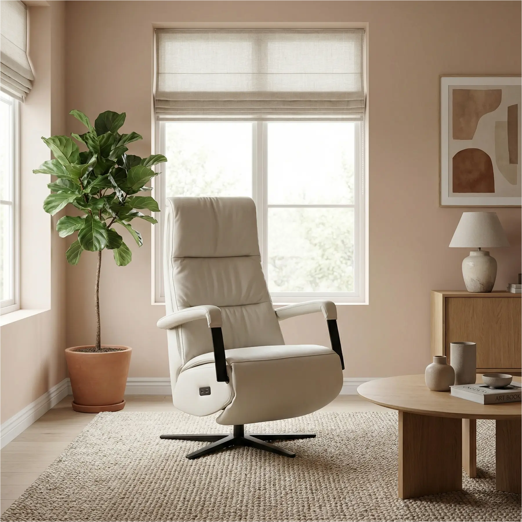 afbeelding van Leren elektrisch relaxfauteuil Core - Toledo Nebbia (creme) - extra large - stervoet zwart (breed)