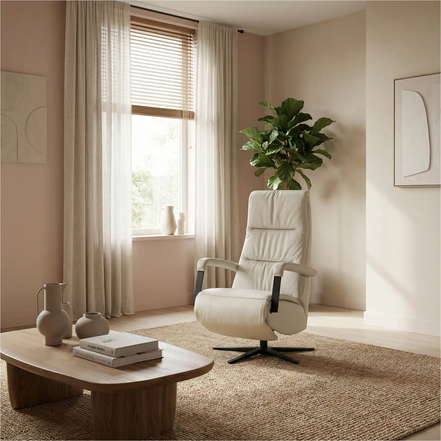 afbeelding van Leren elektrisch relaxfauteuil Core - Toledo Nebbia (creme) - medium - stervoet zwart (breed)