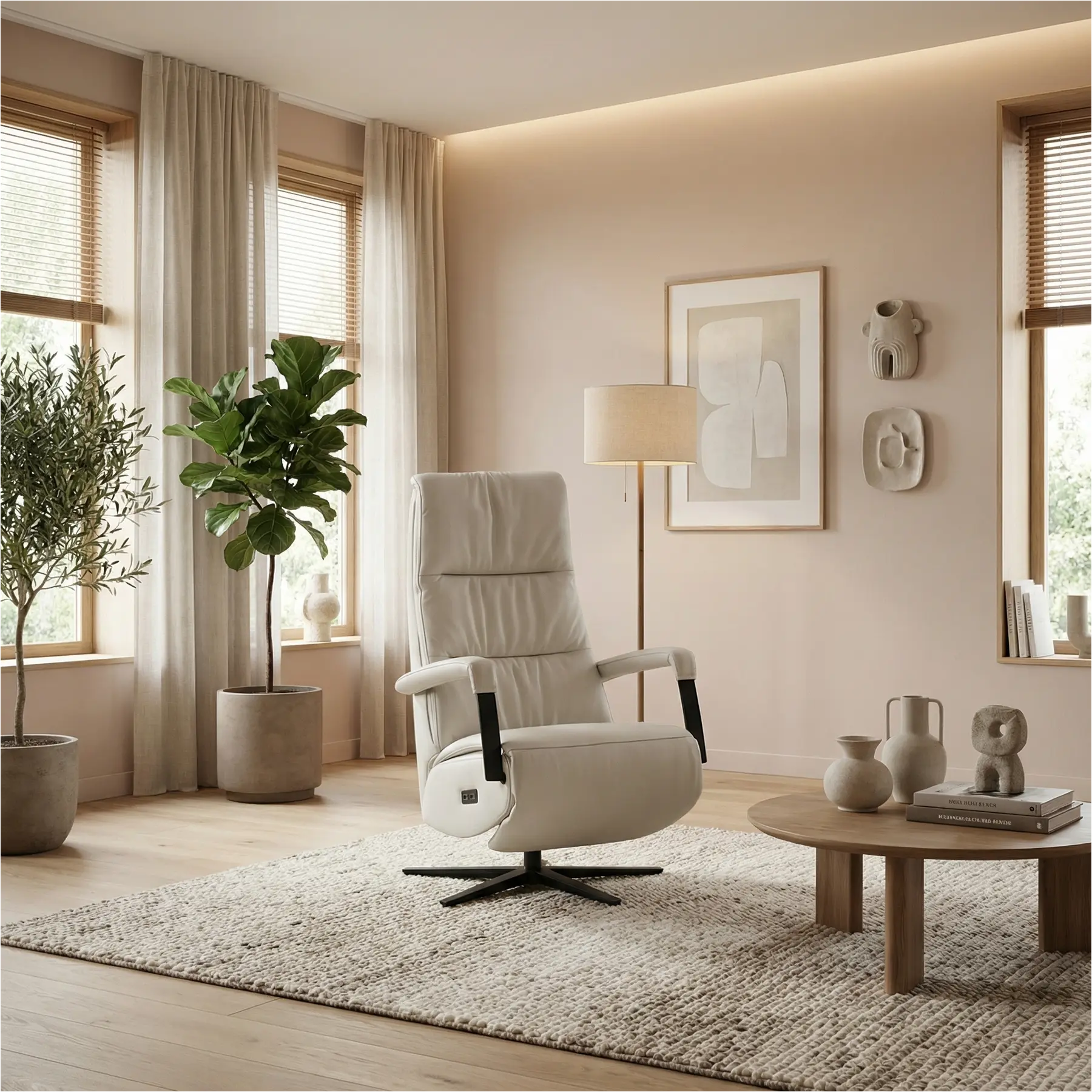 afbeelding van Leren relaxfauteuil met hartbalans Core - Toledo Nebbia (creme) - medium - stervoet zwart (breed)