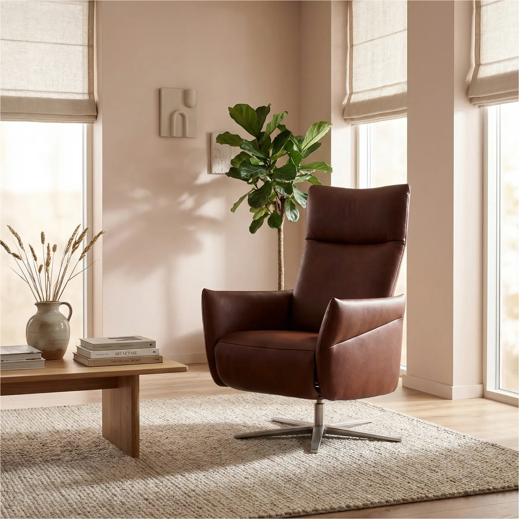 afbeelding van Leren relaxfauteuil Ease - Granada Cognac (donkercognac) - Large (zithoogte 49cm) - Stervoet RVS