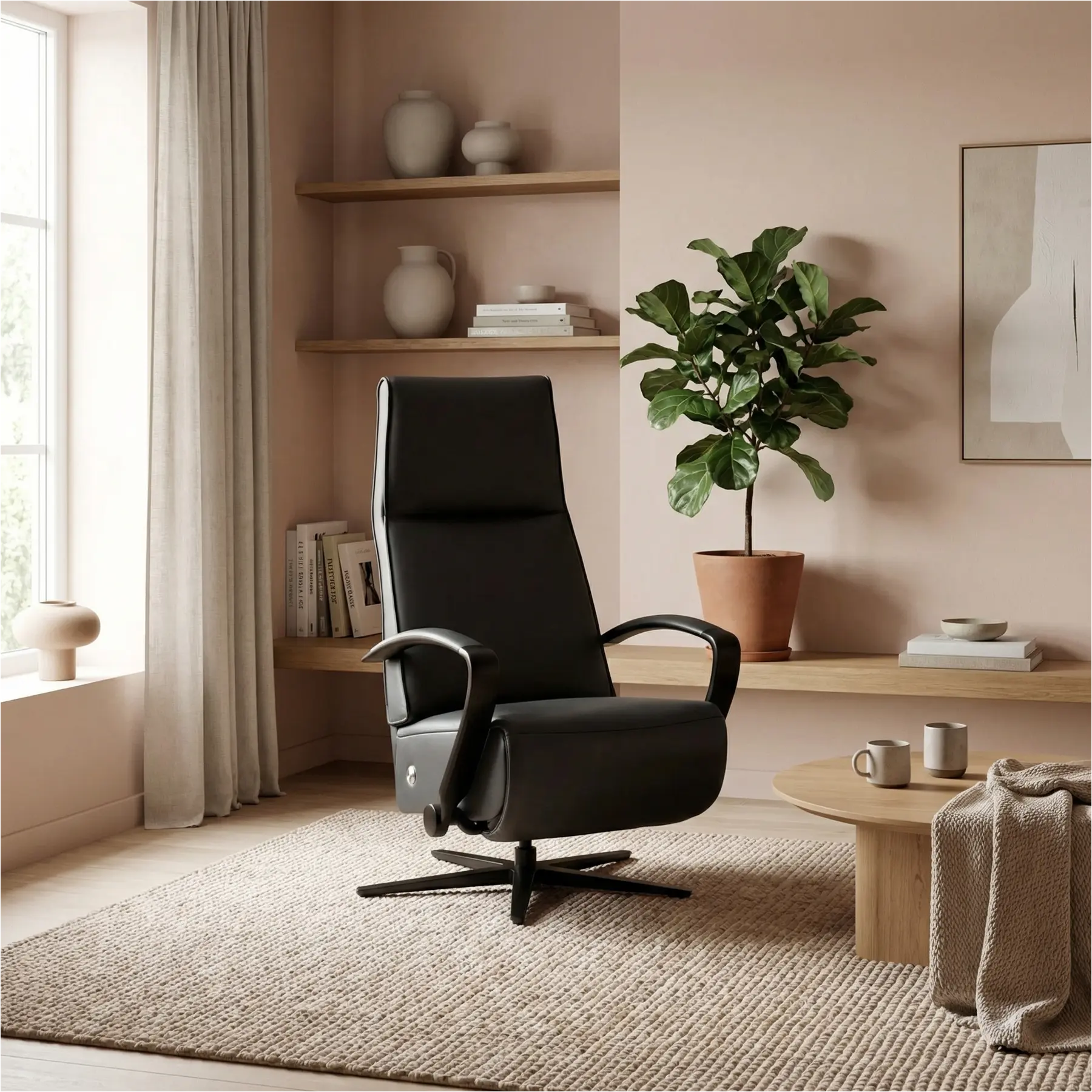 afbeelding van Leren relaxfauteuil Idol elektrisch - Massif Graphite (donkergrijs) - Medium (zithoogte 46cm) - Stervoet zwart