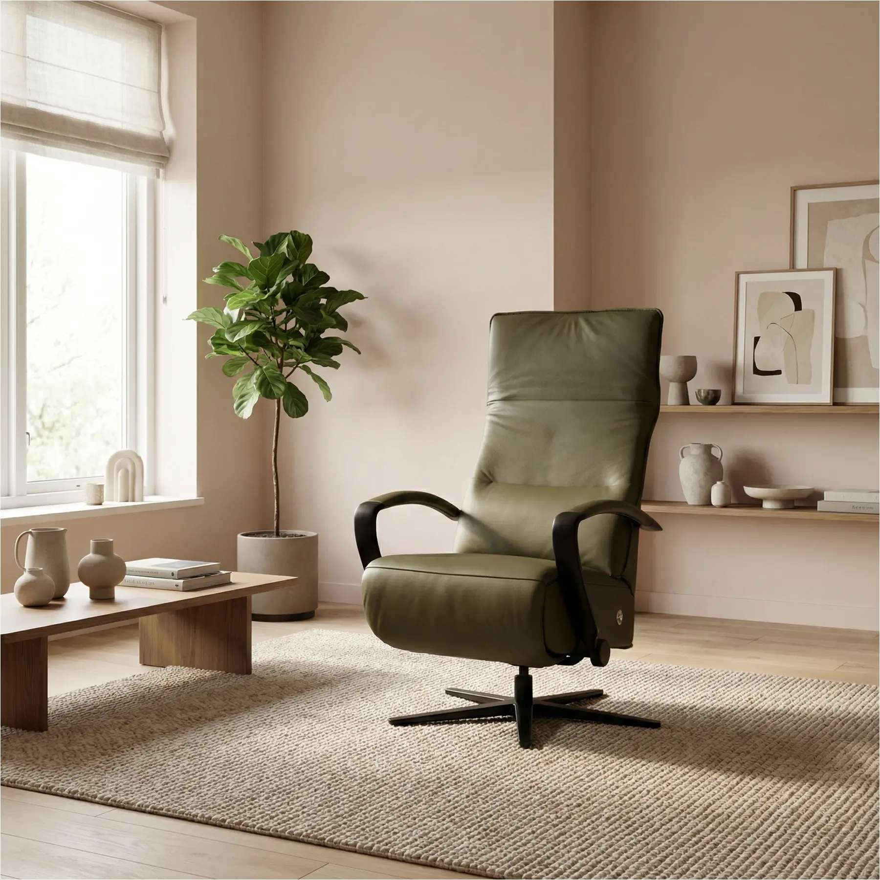 afbeelding van Leren relaxfauteuil Matrix - Massif Olive (olijf/groen) - Medium (zithoogte 46cm) - Stervoet zwart