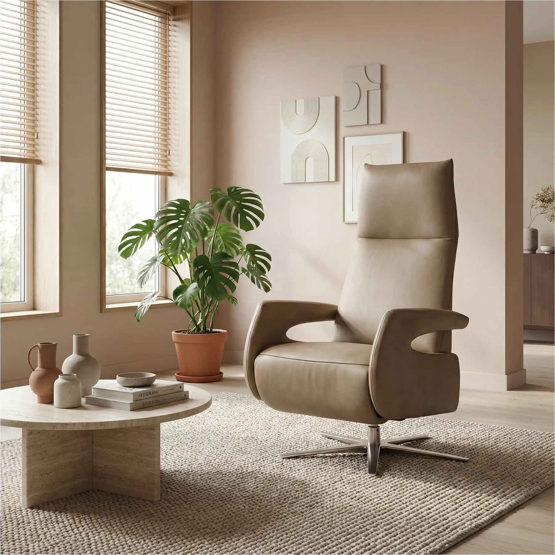 afbeelding van Leren relaxfauteuil Note - Granada Taupe (taupe/bruin) - Medium (zithoogte 46cm) - Stervoet chroom