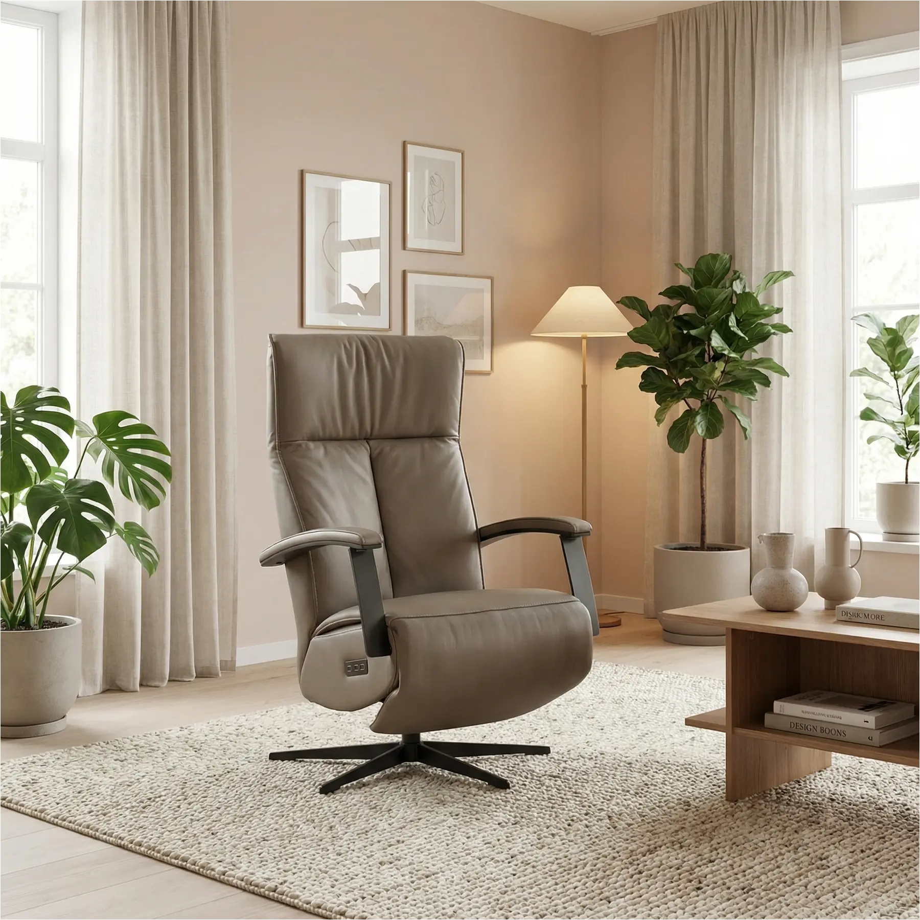 afbeelding van Leren relaxfauteuil met hartbalans Pure - Toledo Moss (bruin/groen) - large - stervoet zwart (slank)