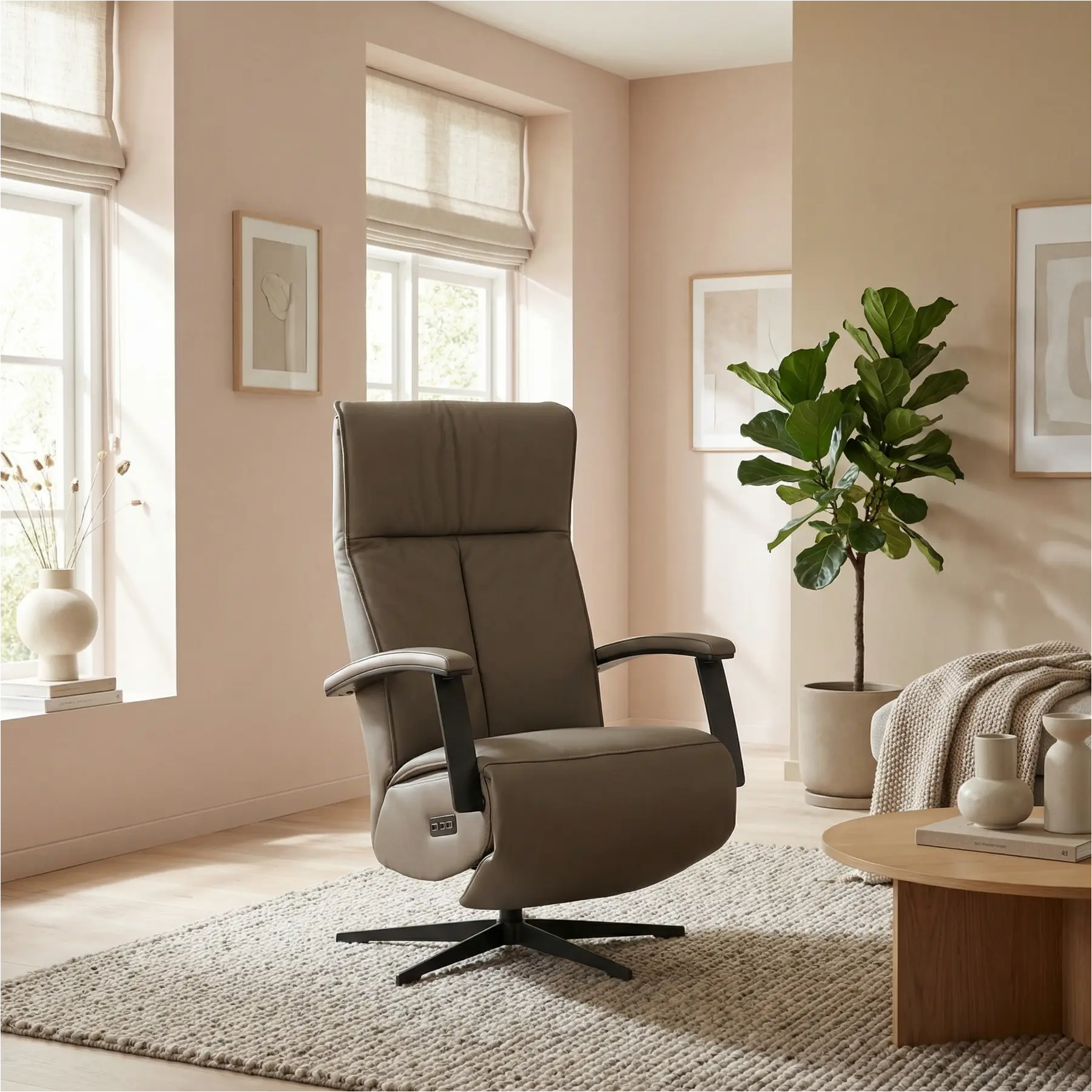 afbeelding van Leren elektrisch relaxfauteuil Pure - Toledo Moss (bruin/groen) - medium - stervoet zwart (slank)