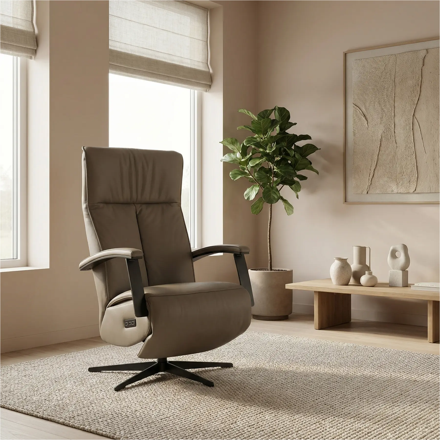 afbeelding van Leren relaxfauteuil met hartbalans Pure - Toledo Moss (bruin/groen) - medium - stervoet zwart (slank)