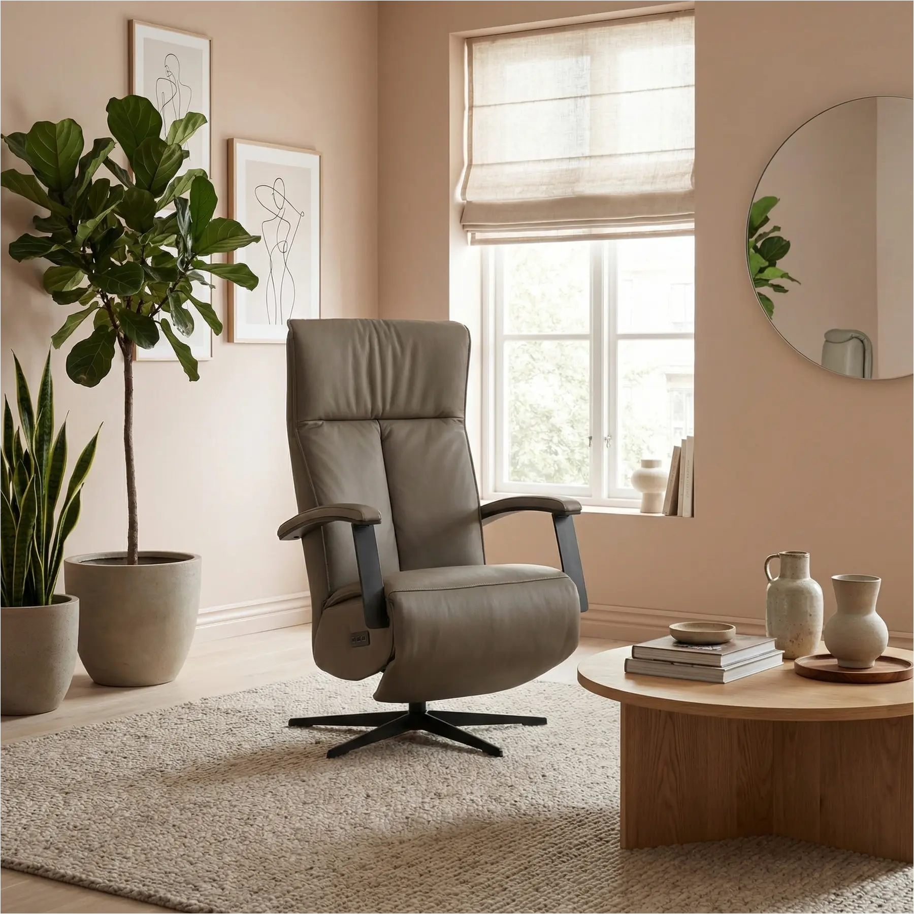 afbeelding van Leren elektrisch relaxfauteuil Pure - Toledo Moss (bruin/groen) - small - stervoet zwart (slank)