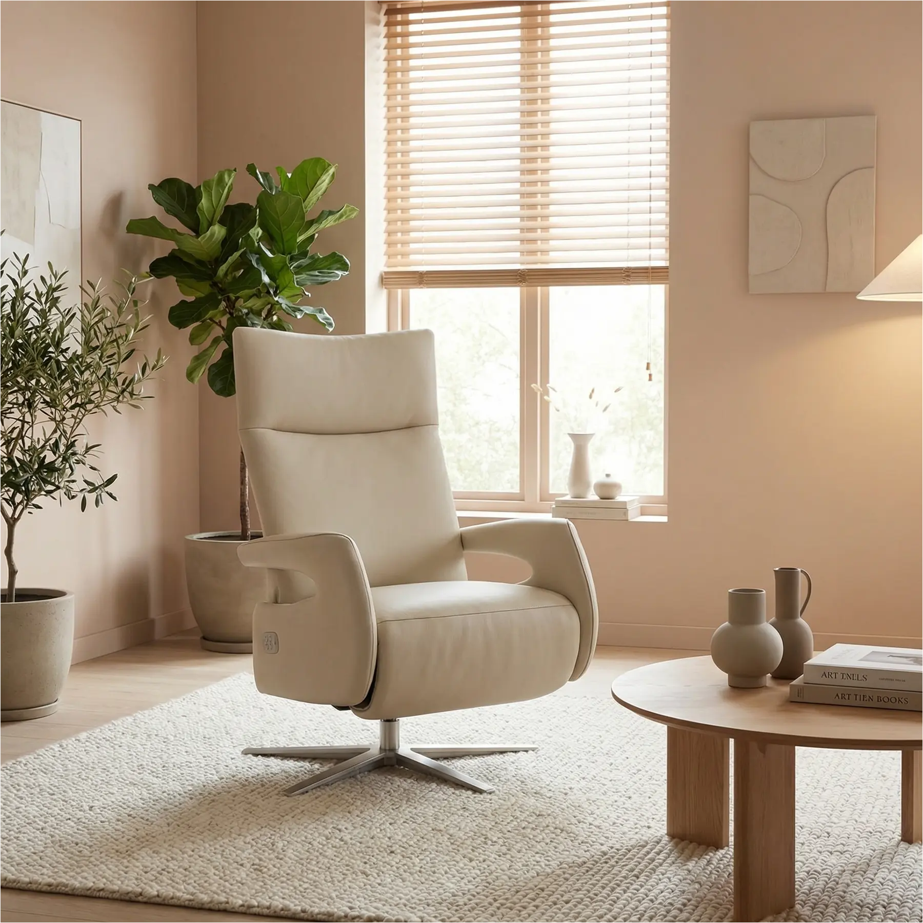 afbeelding van Leren relaxfauteuil Vibe elektrisch - Massif Ecru (crème) - Medium (zithoogte 46cm) - Stervoet RVS