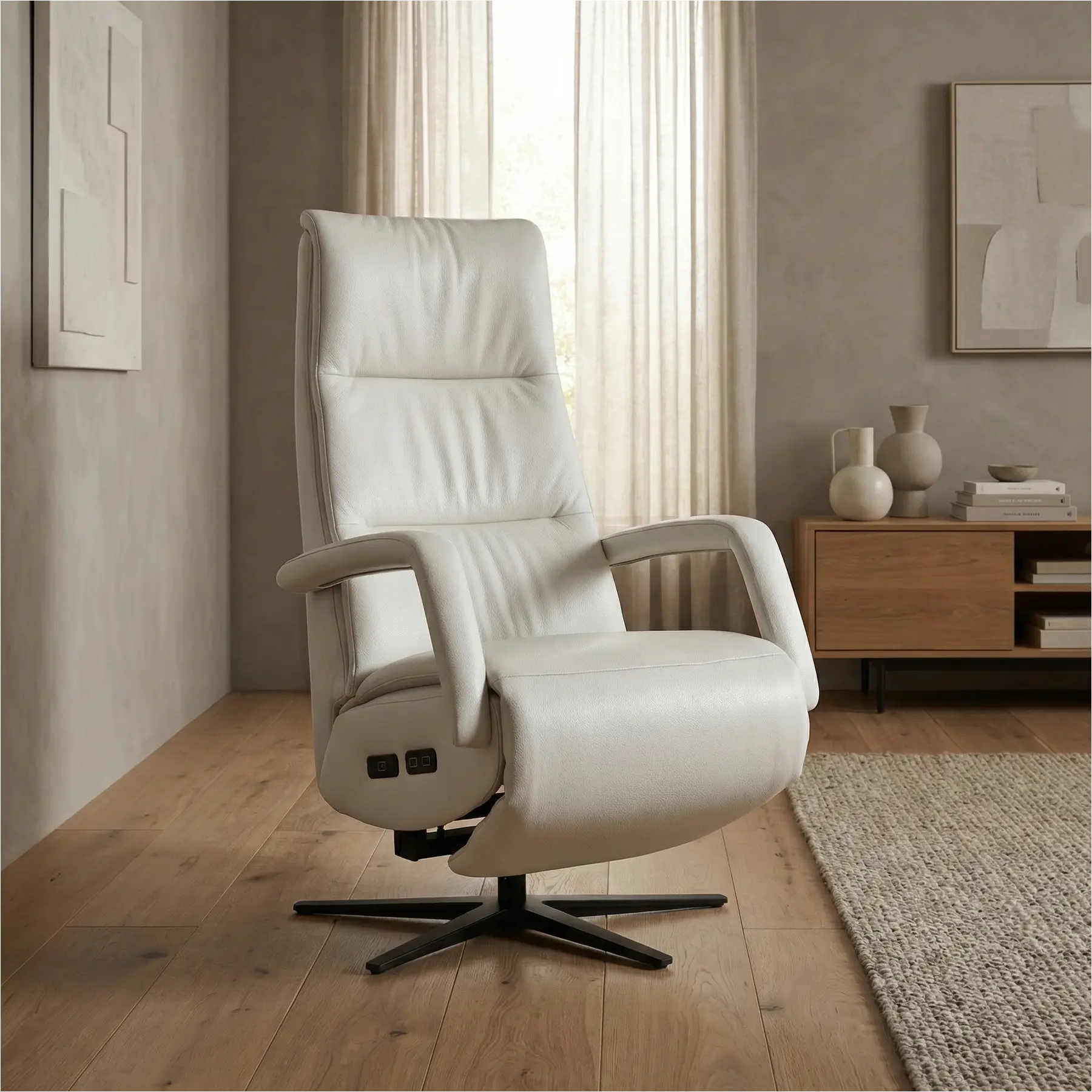 afbeelding van Leren elektrisch relaxfauteuil Calm - Toledo Purewhite (wit) - medium - stervoet zwart (breed)