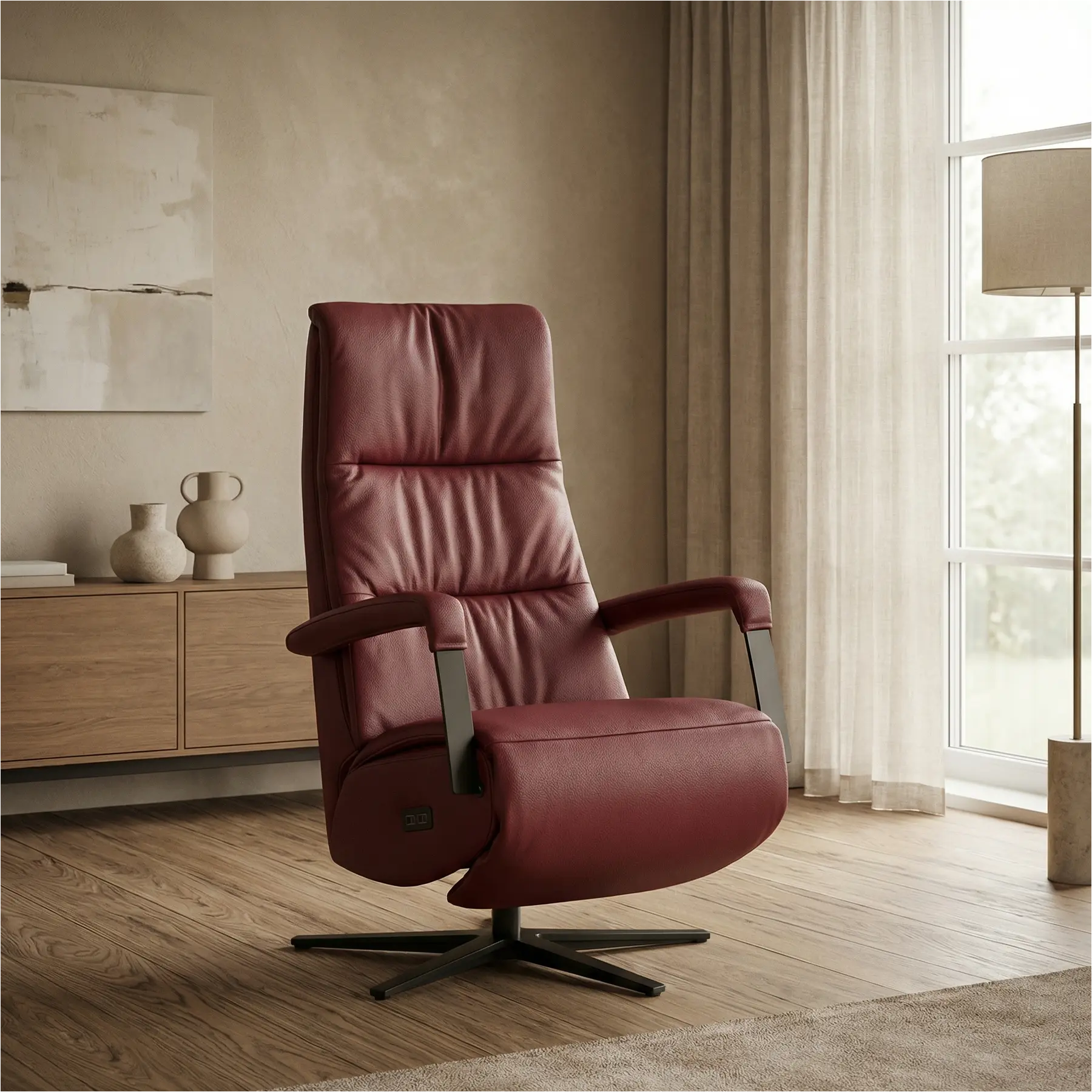 afbeelding van Leren elektrisch relaxfauteuil Core - Massif Rubino (donkerrood) - large - stervoet zwart (breed)