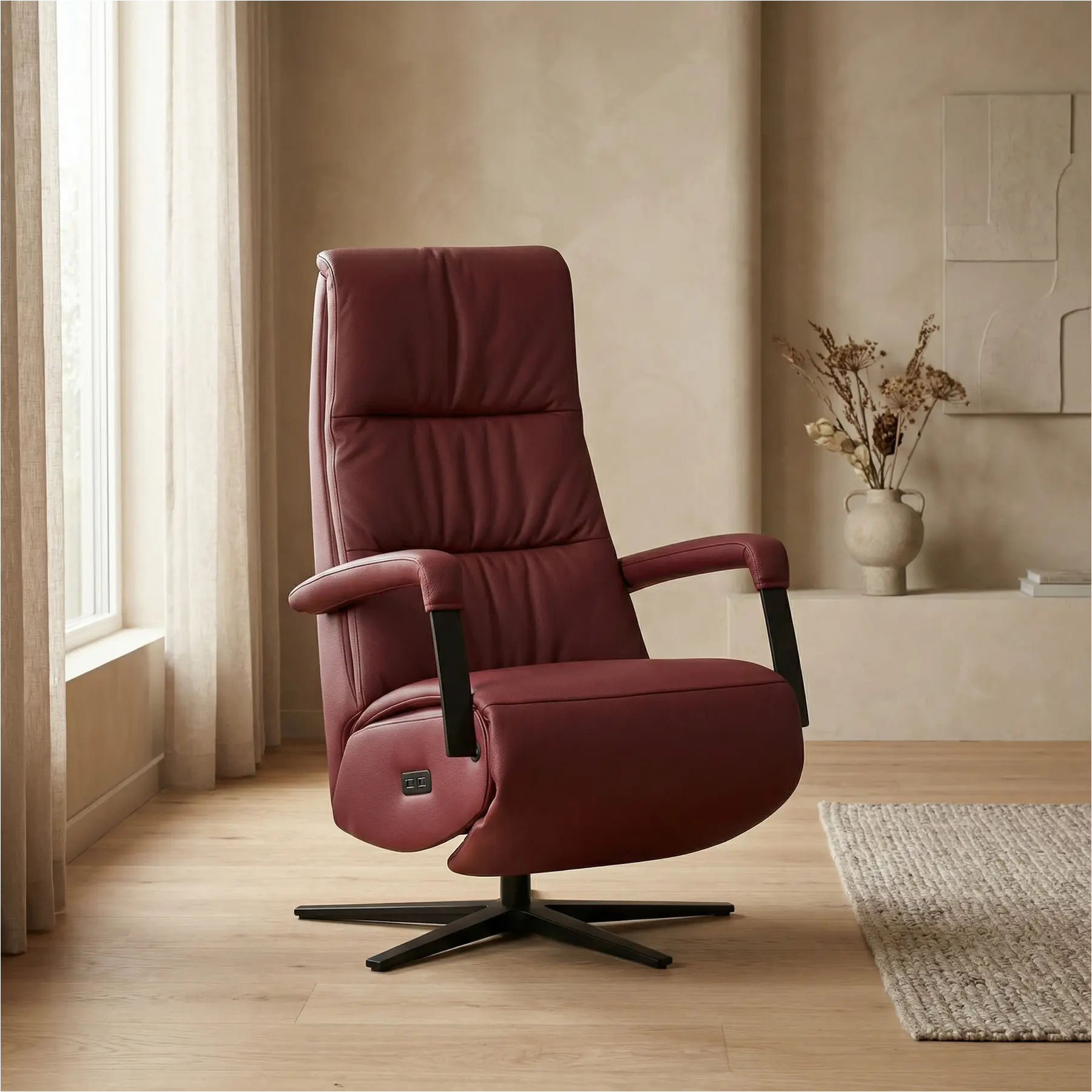 afbeelding van Leren relaxfauteuil met hartbalans Core - Massif Rubino (donkerrood) - large - stervoet zwart (breed)