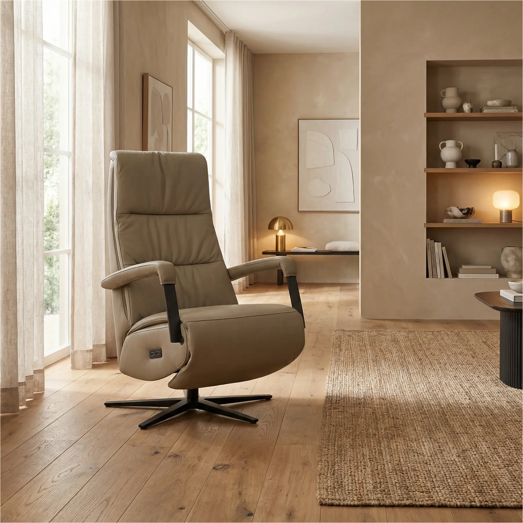 afbeelding van Leren elektrisch relaxfauteuil Core - Toledo Mocca (taupe/bruin) - large - stervoet zwart (breed)