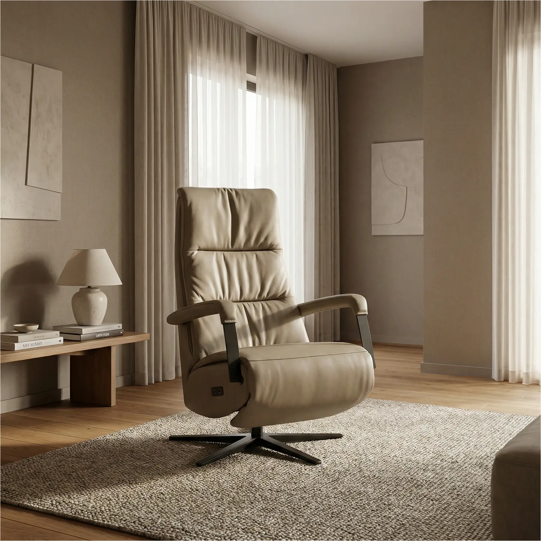 afbeelding van Leren relaxfauteuil met hartbalans Core - Toledo Mocca (taupe/bruin) - medium - stervoet zwart (breed)