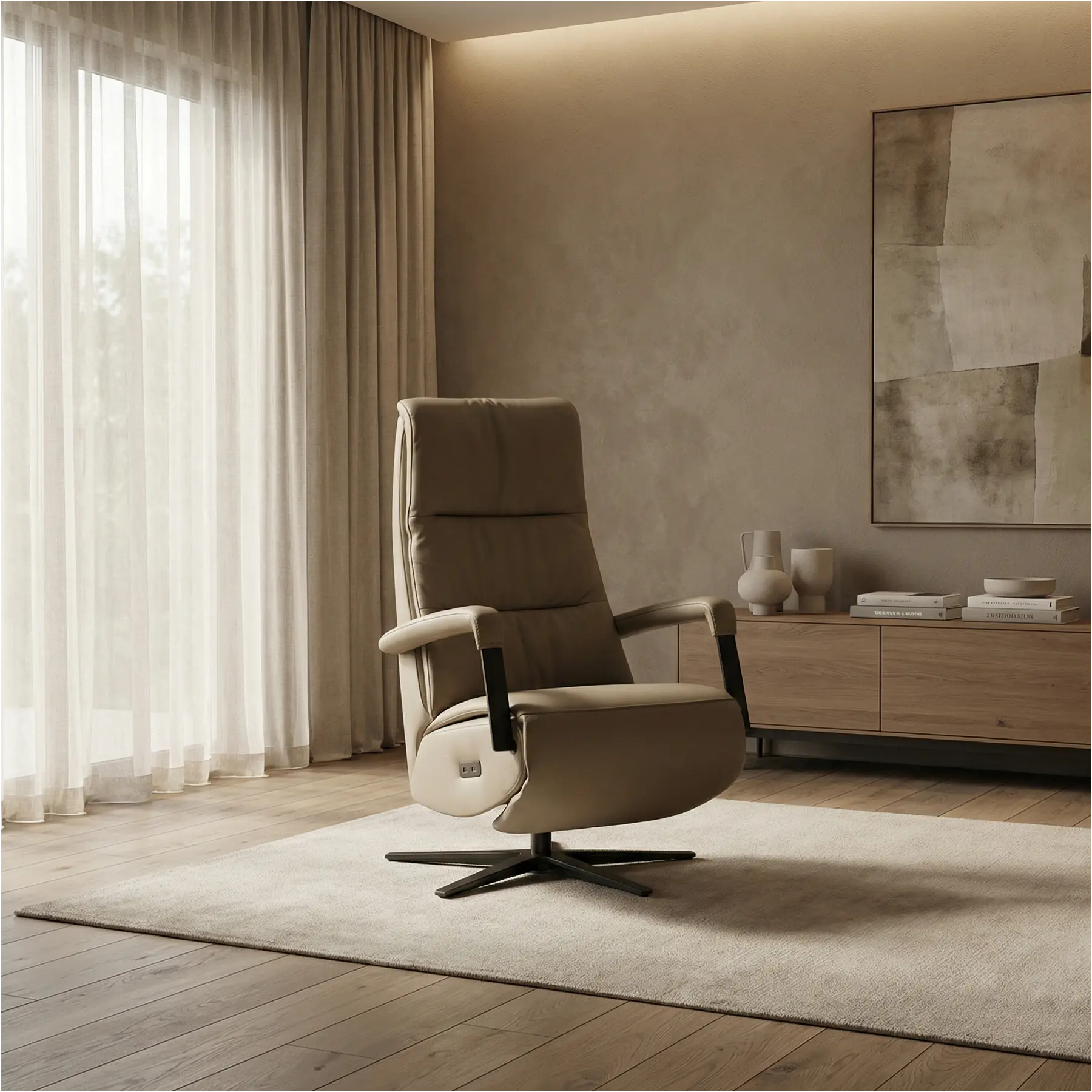 afbeelding van Leren relaxfauteuil met hartbalans Core - Toledo Mocca (taupe/bruin) - small - stervoet zwart (breed)