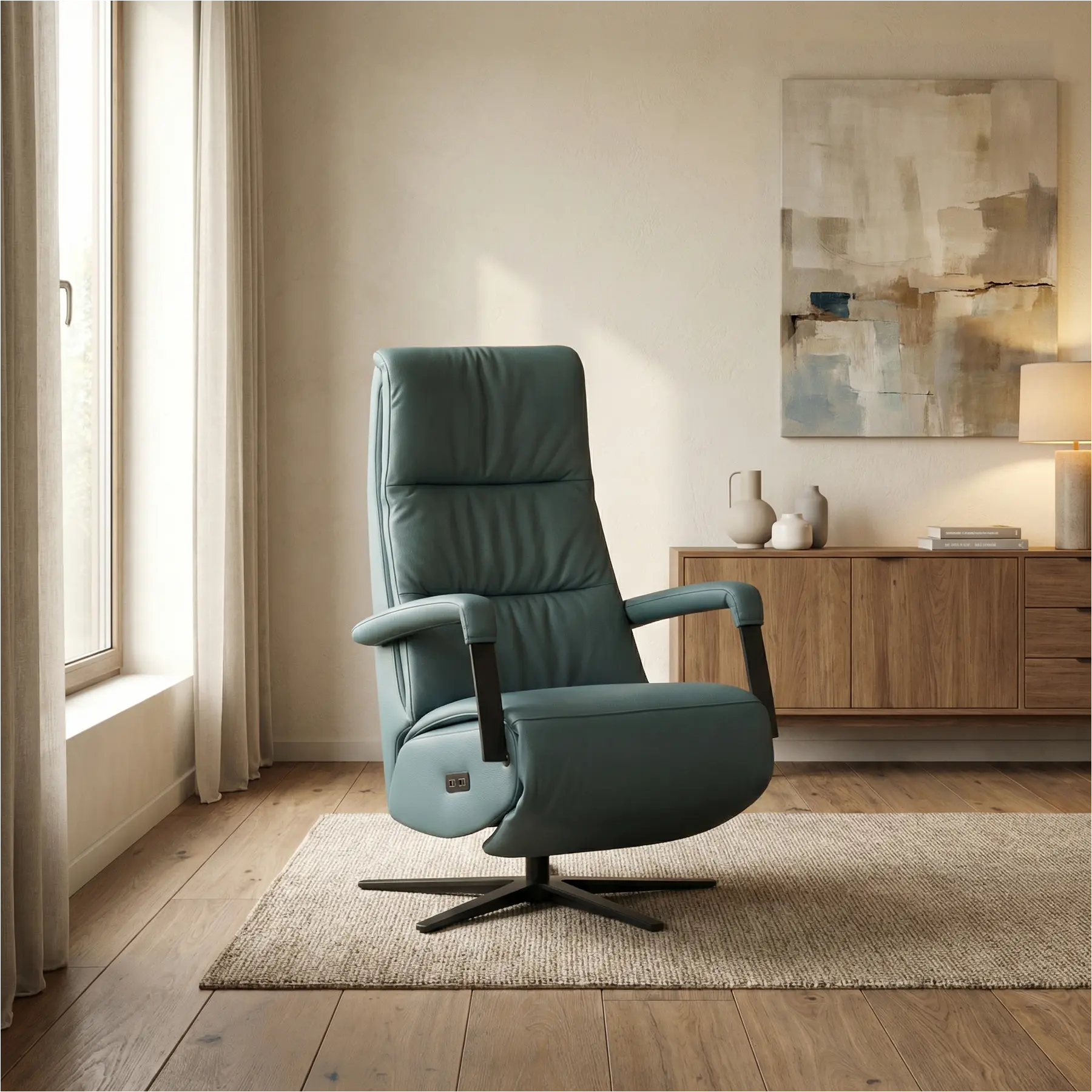 afbeelding van Leren elektrisch relaxfauteuil Core - Toledo Whale (blauw/grijs) - medium - stervoet zwart (breed)