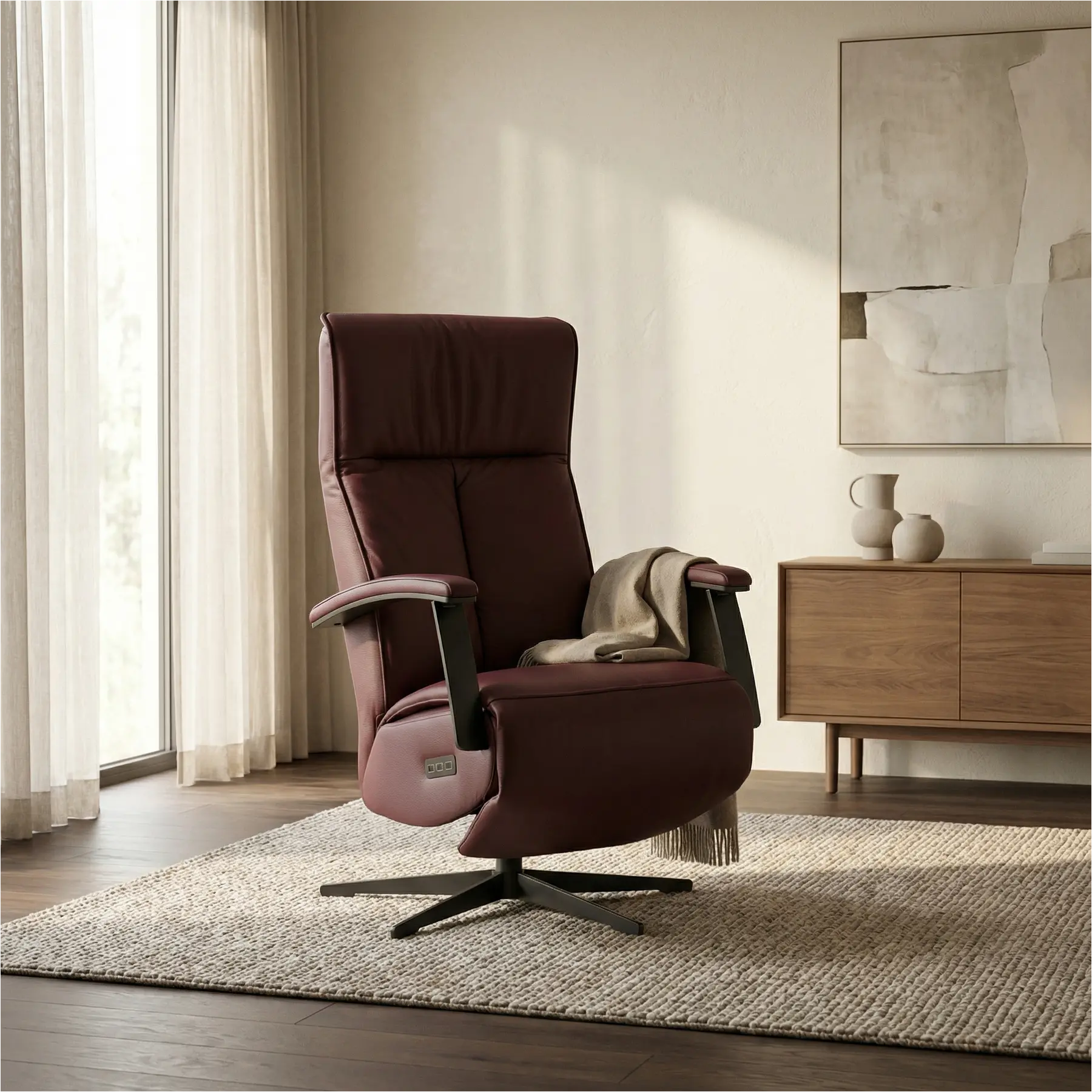 afbeelding van Leren relaxfauteuil met hartbalans Pure - Toledo Bordeaux (donkerrood) - medium - stervoet zwart (slank)