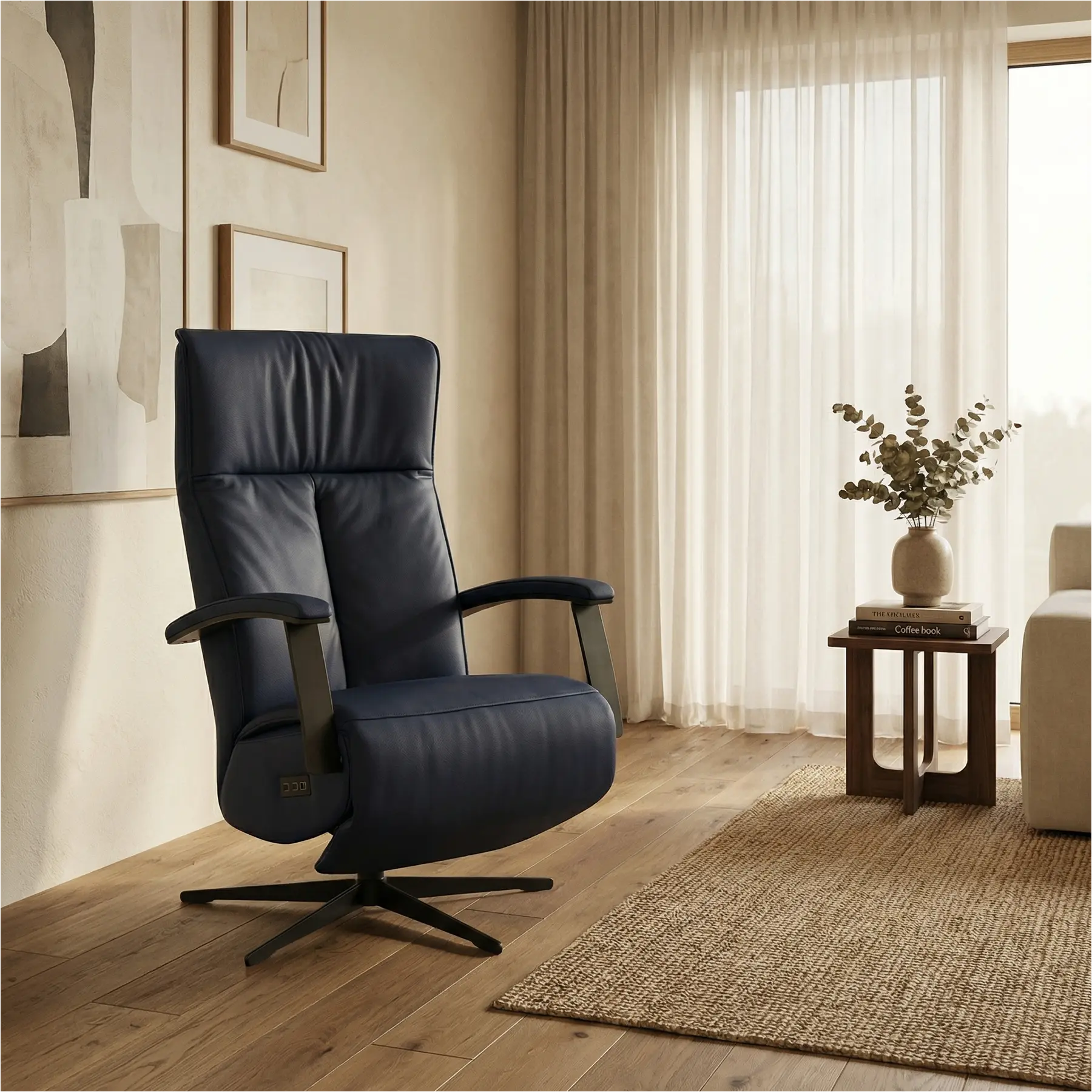 afbeelding van Leren elektrisch relaxfauteuil Pure - Toledo Kobalt (blauw) - extra large - stervoet zwart (slank)