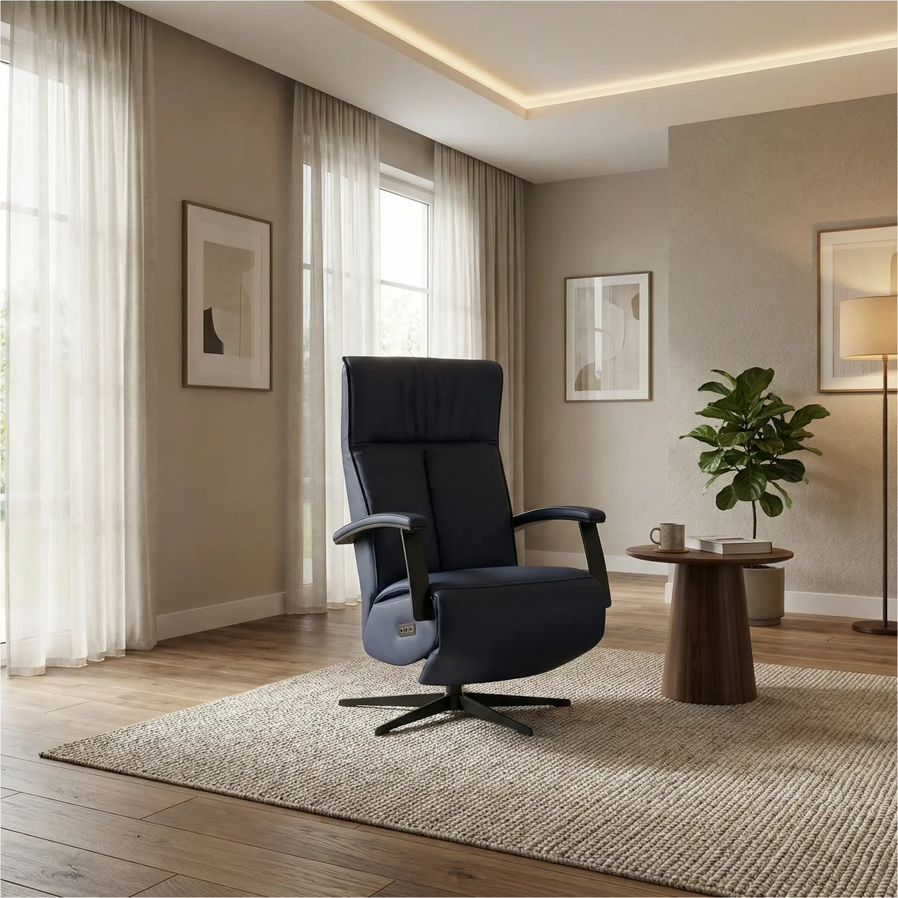 afbeelding van Leren elektrisch relaxfauteuil Pure - Toledo Kobalt (blauw) - medium - stervoet zwart (slank)