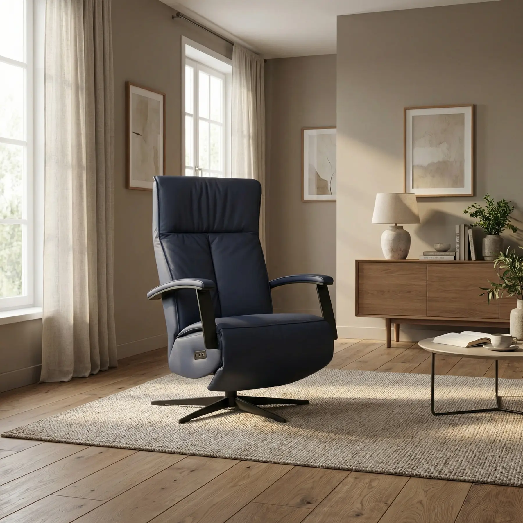 afbeelding van Leren elektrisch relaxfauteuil Pure - Toledo Kobalt (blauw) - small - stervoet zwart (slank)