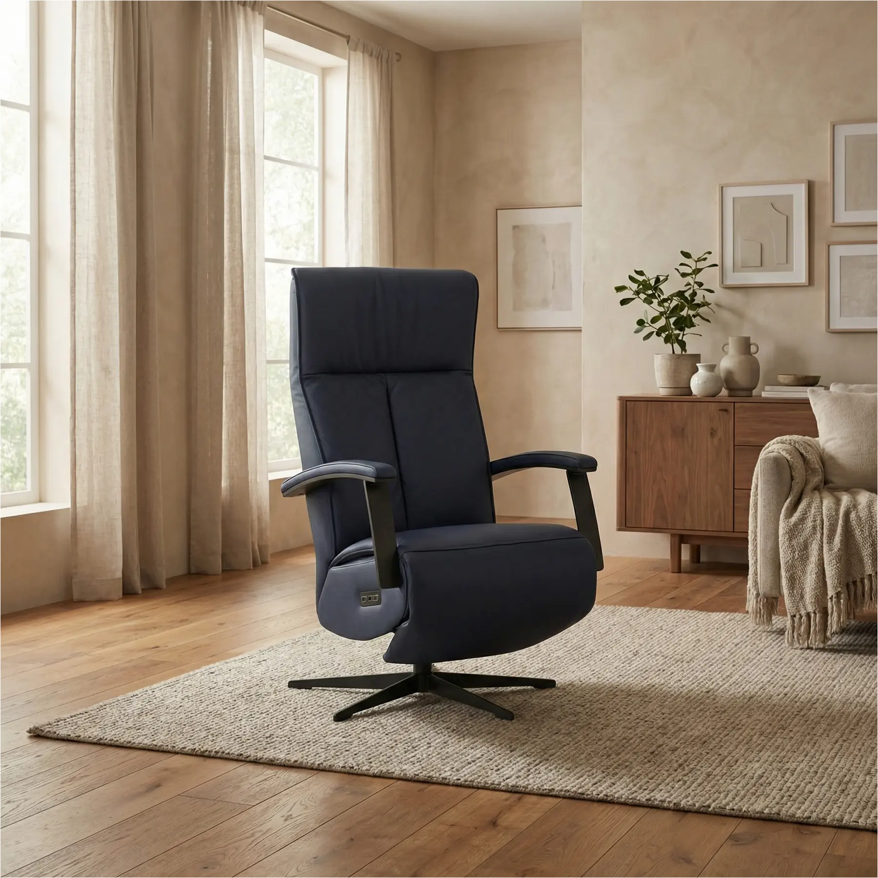 afbeelding van Leren relaxfauteuil met hartbalans Pure - Toledo Kobalt (blauw) - small - stervoet zwart (slank)