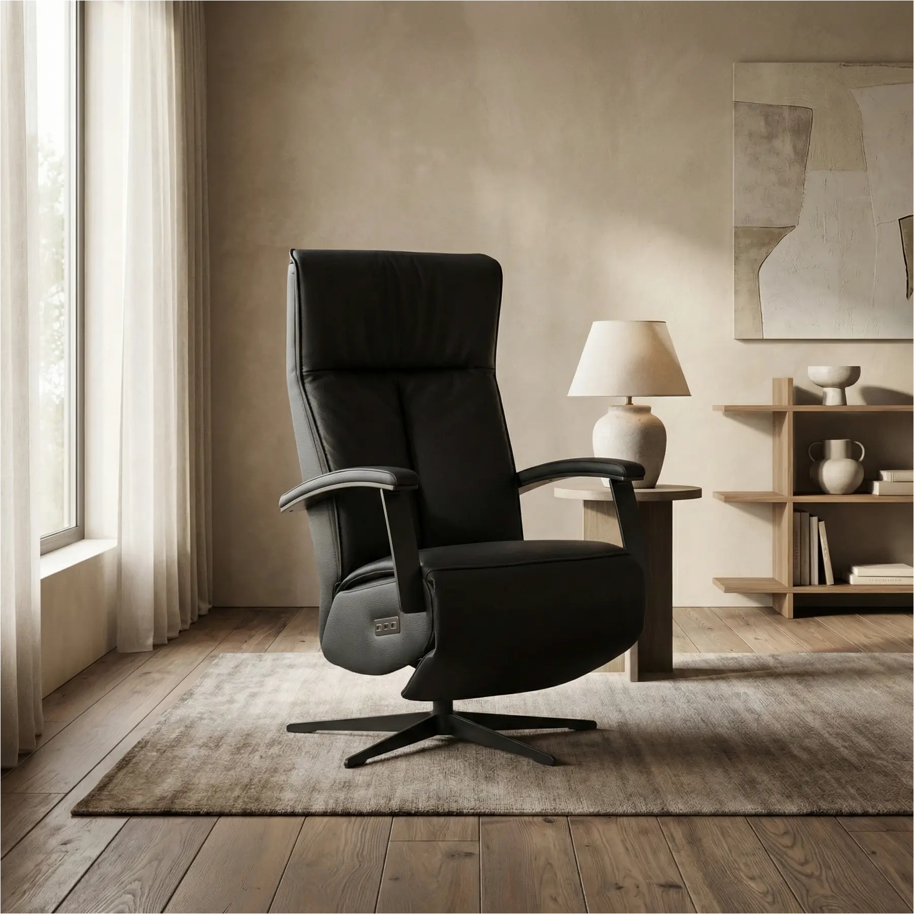 afbeelding van Leren relaxfauteuil met hartbalans Pure - Toledo Nero (zwart) - medium - stervoet zwart (slank)